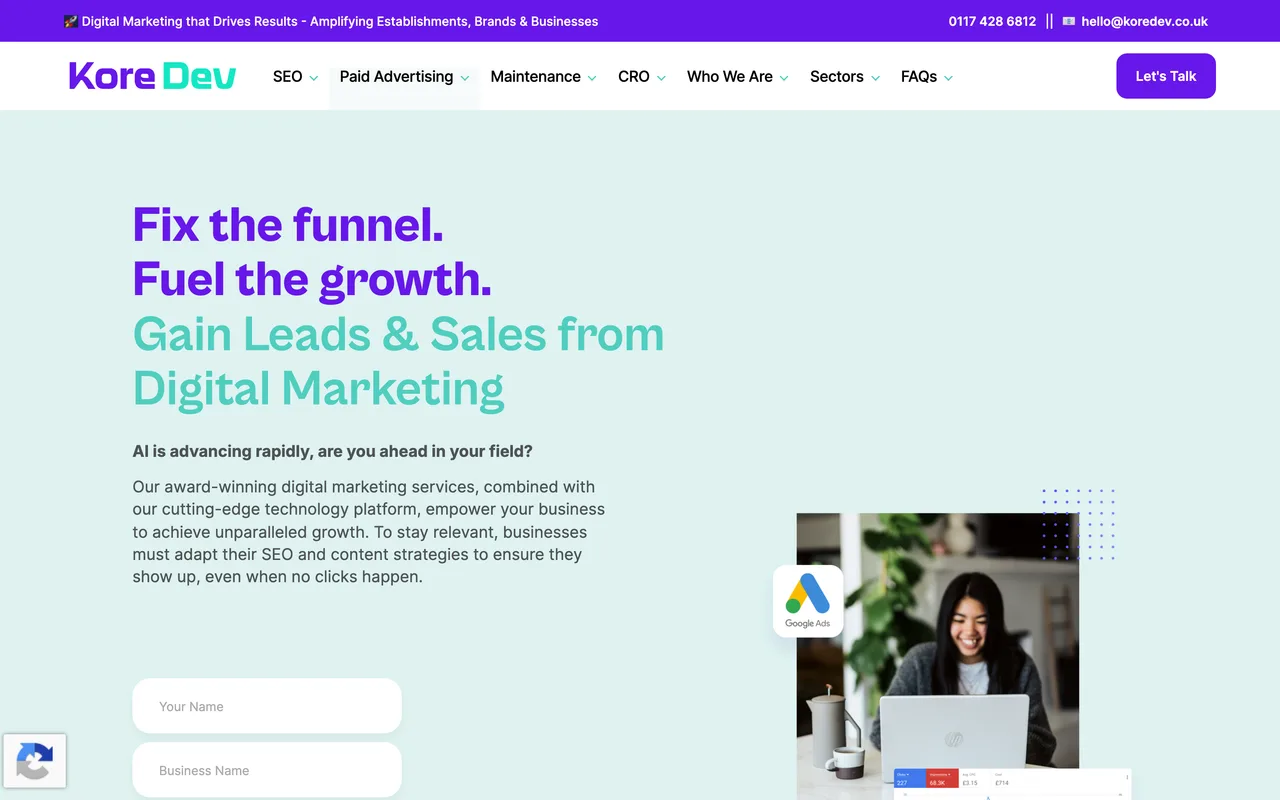 Kore Dev homepage screenshot, SEO, PPC and AI search for independent schools