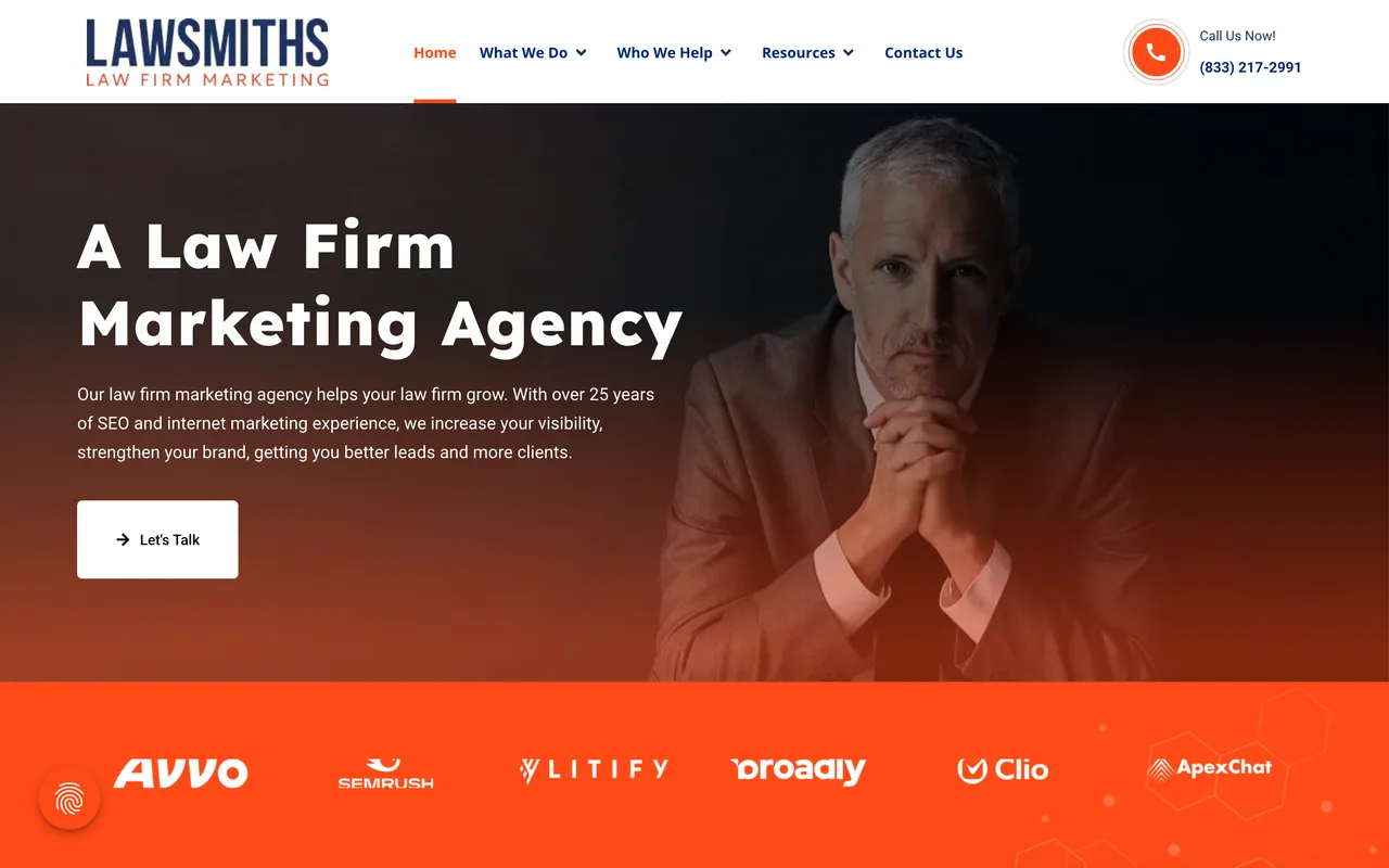 LawSmiths homepage screenshot, Full-service law firm digital marketing with link building