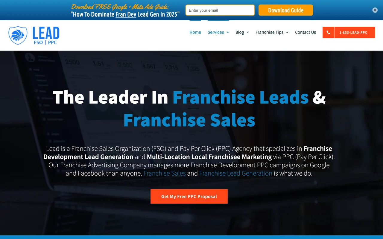 Lead PPC homepage screenshot, Franchise development lead generation PPC