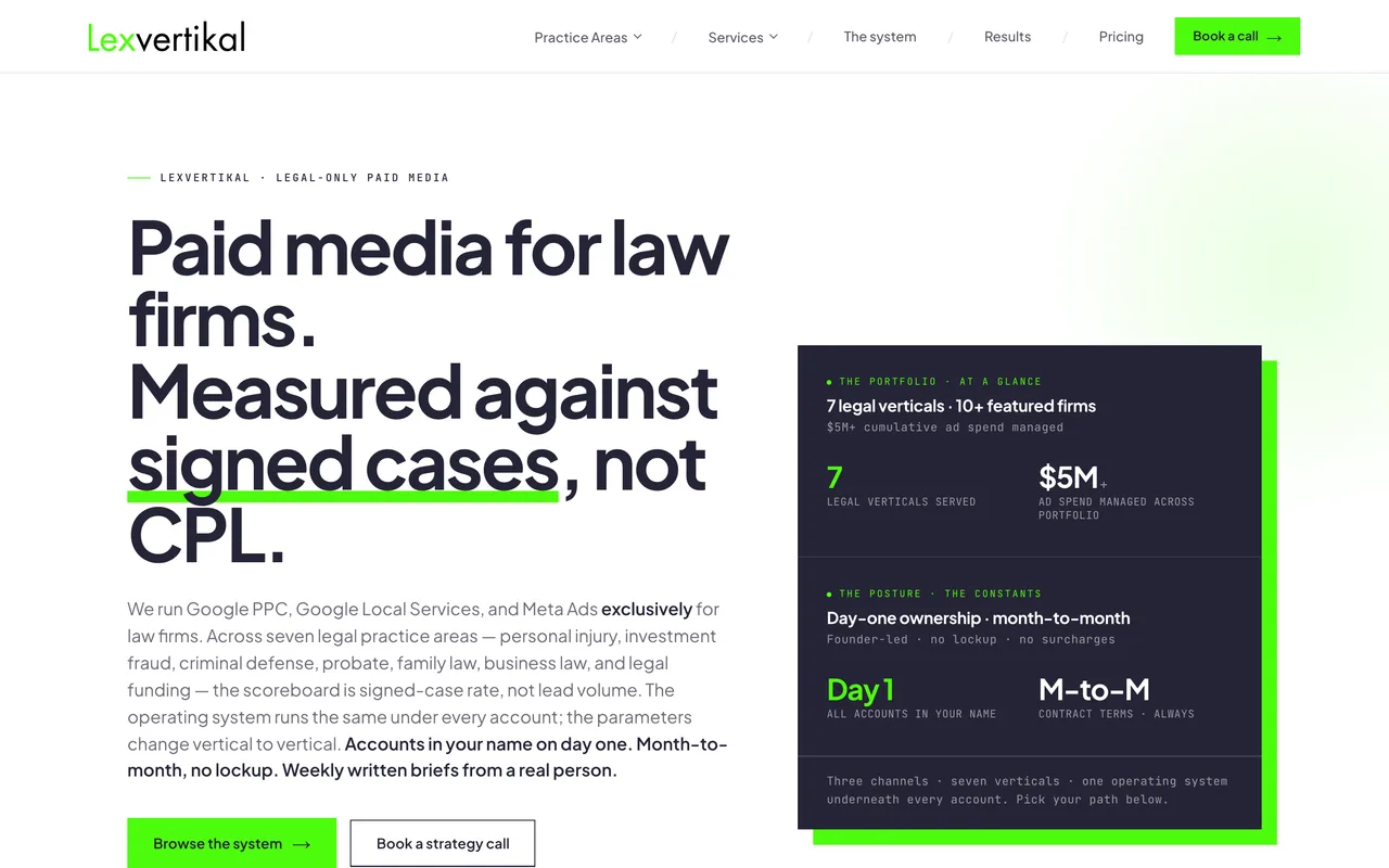 Lexvertikal homepage screenshot, Paid media for law firms measured against signed cases