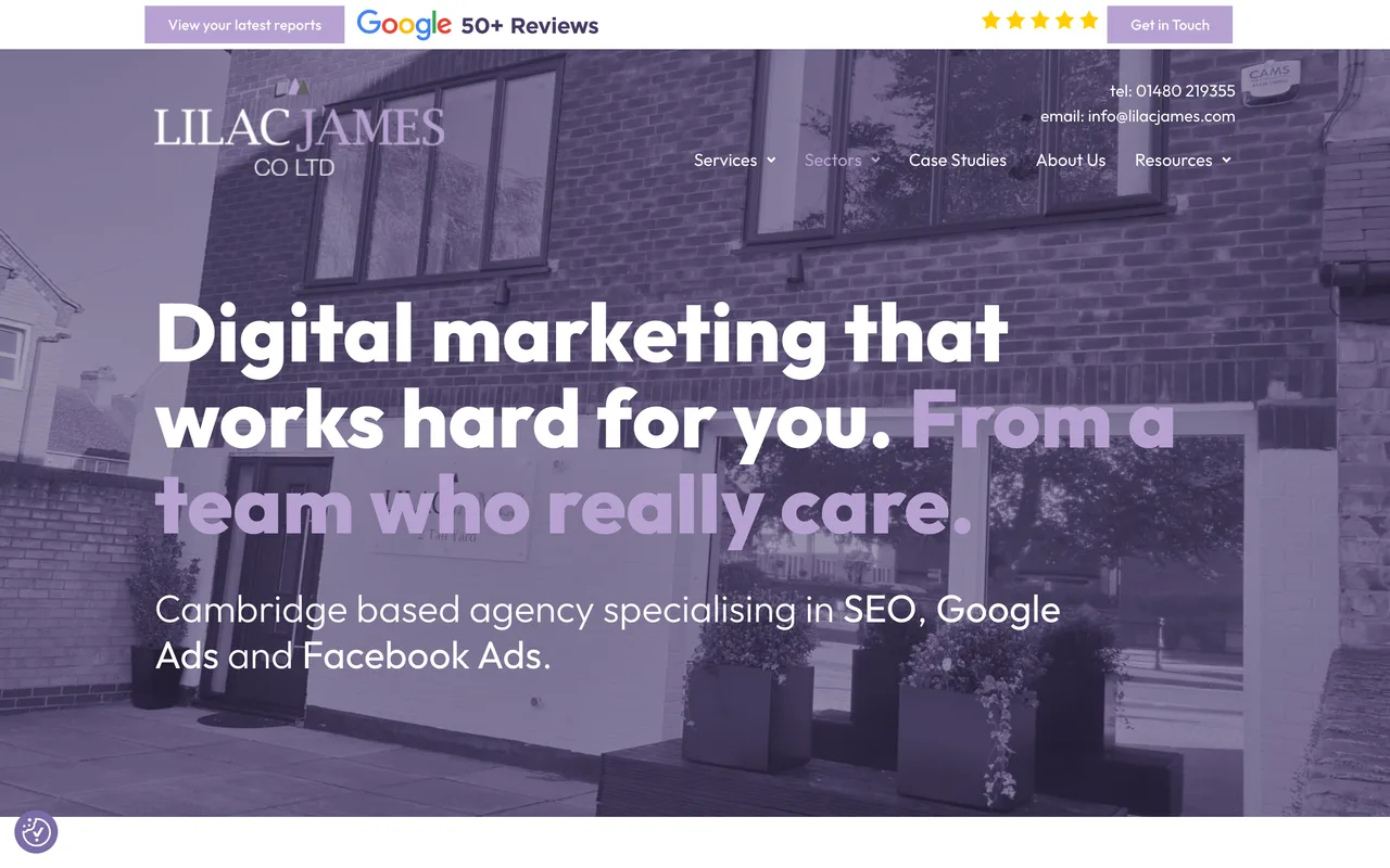 Lilac James homepage screenshot, SEO and paid media with a Schools and Education sector focus