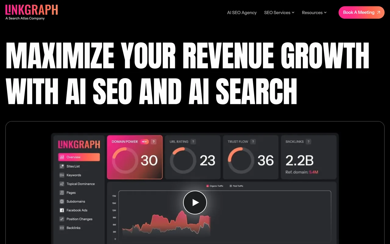 LinkGraph homepage screenshot, AI-powered ecommerce SEO and link building