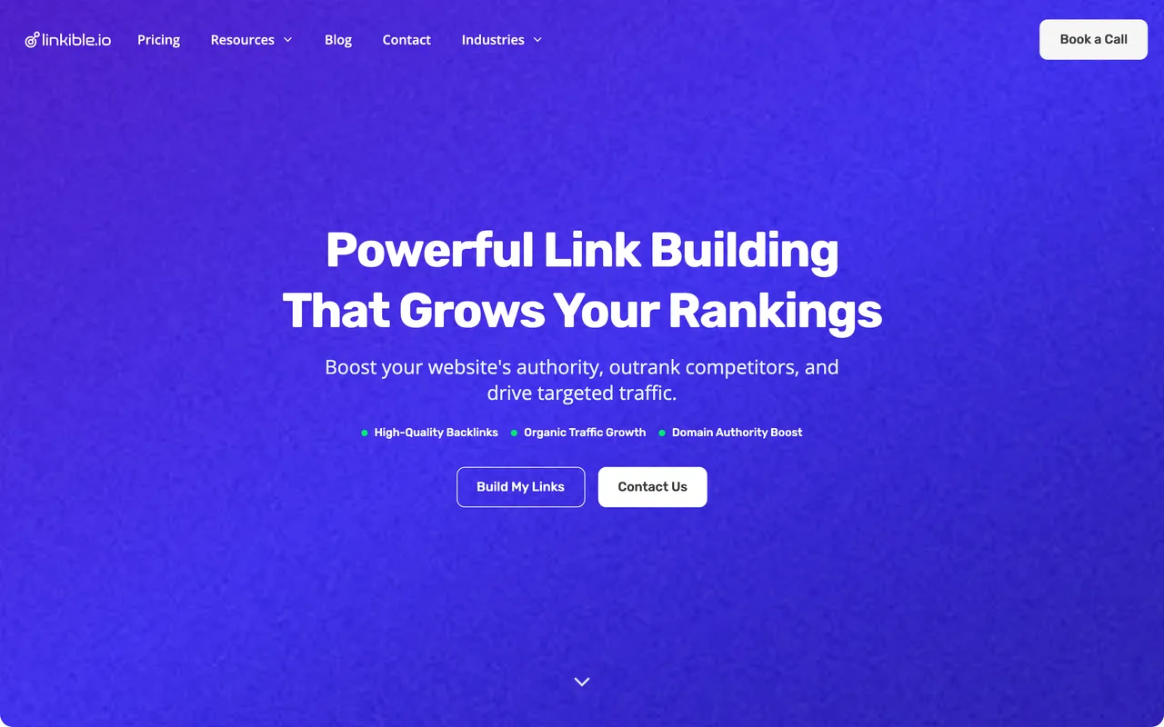 Linkible homepage screenshot, White-hat link building with a real estate service line