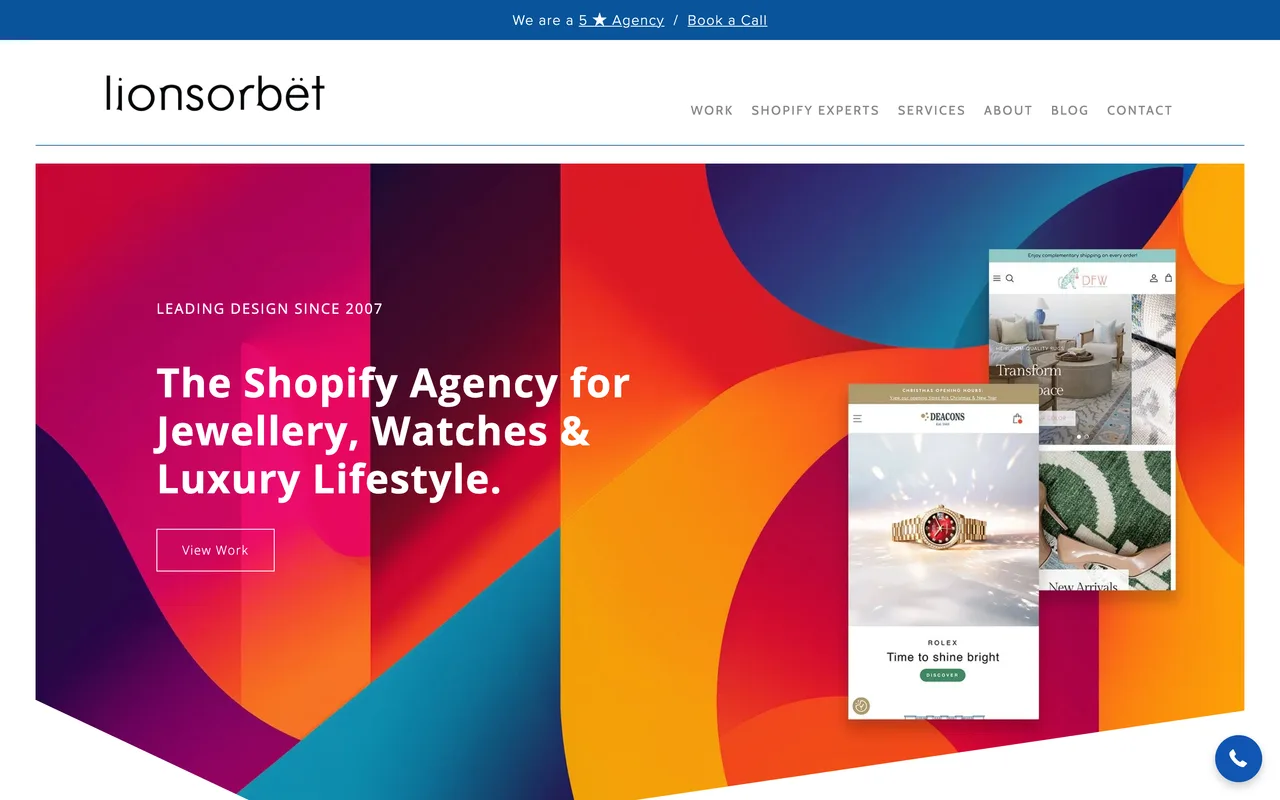 Lionsorbet homepage screenshot, Shopify website design for luxury retail