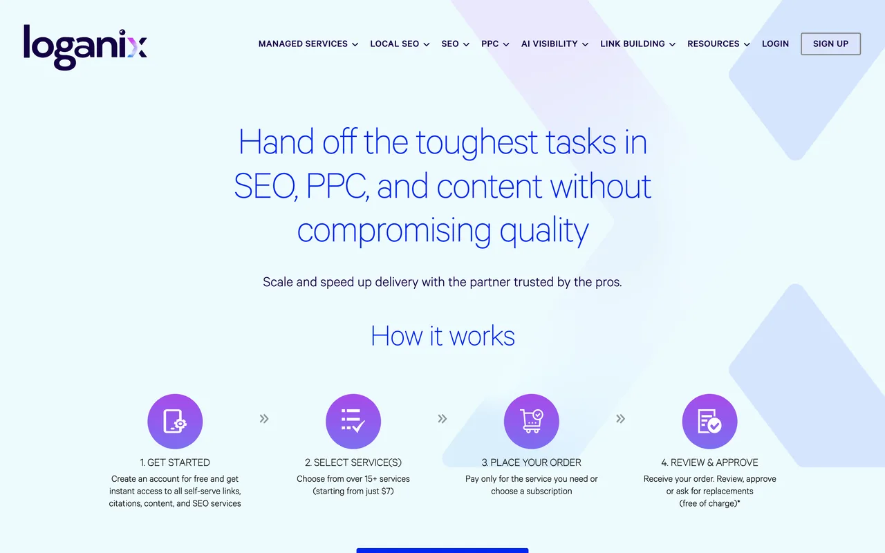 Loganix homepage screenshot, Link building and SEO fulfilment for agencies