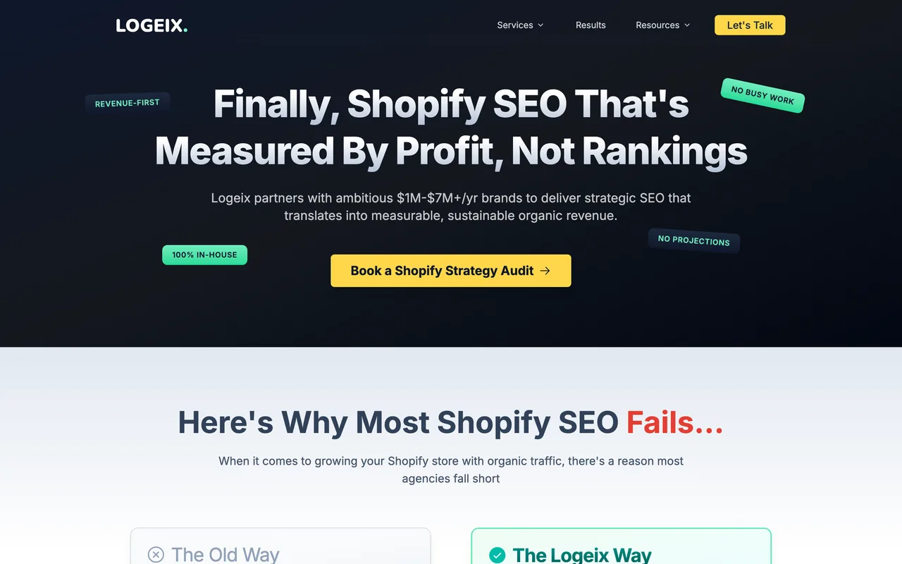 LOGEIX homepage screenshot, Shopify-only SEO for organic revenue