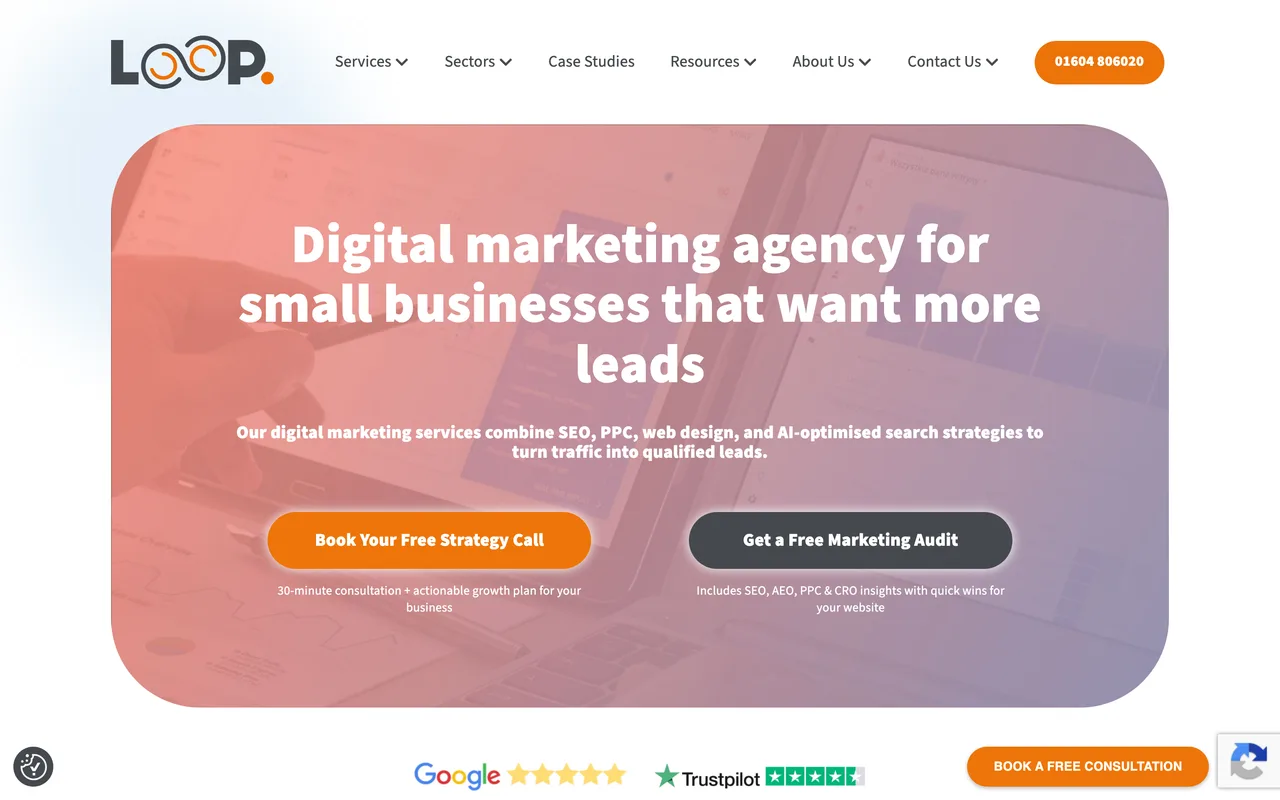Loop Digital homepage screenshot, SEO and lead generation for SMEs including home improvement
