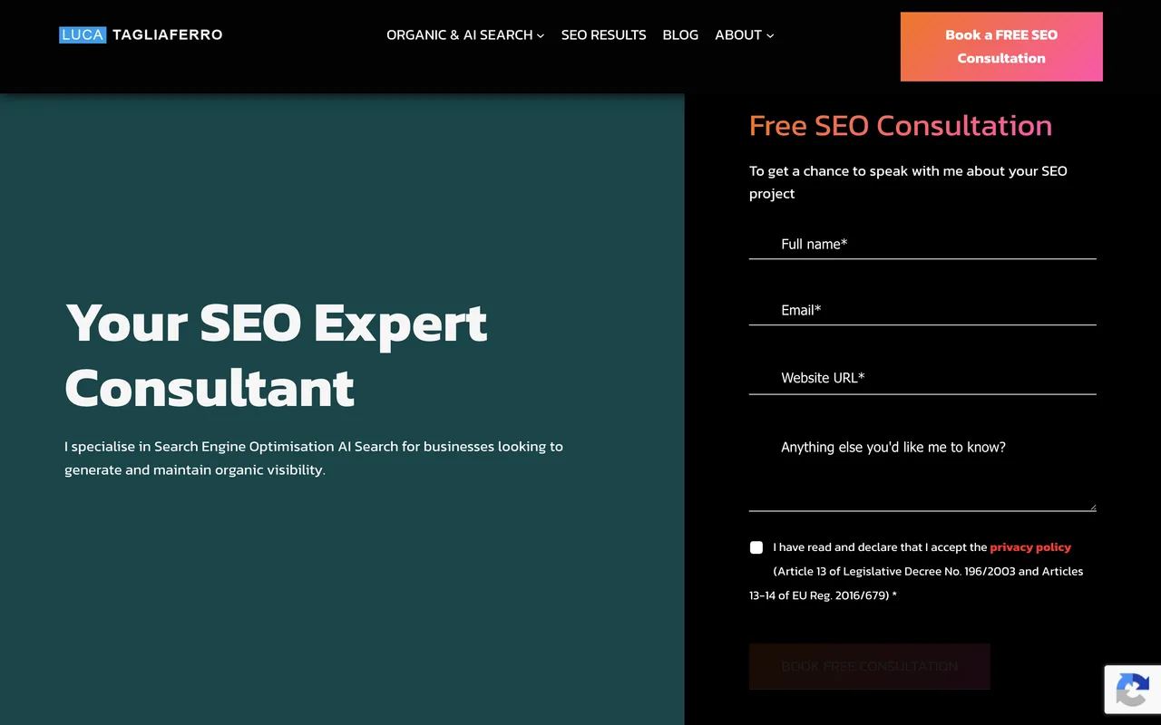 Luca Tagliaferro homepage screenshot, Technical SEO, content strategy, link building and CRO