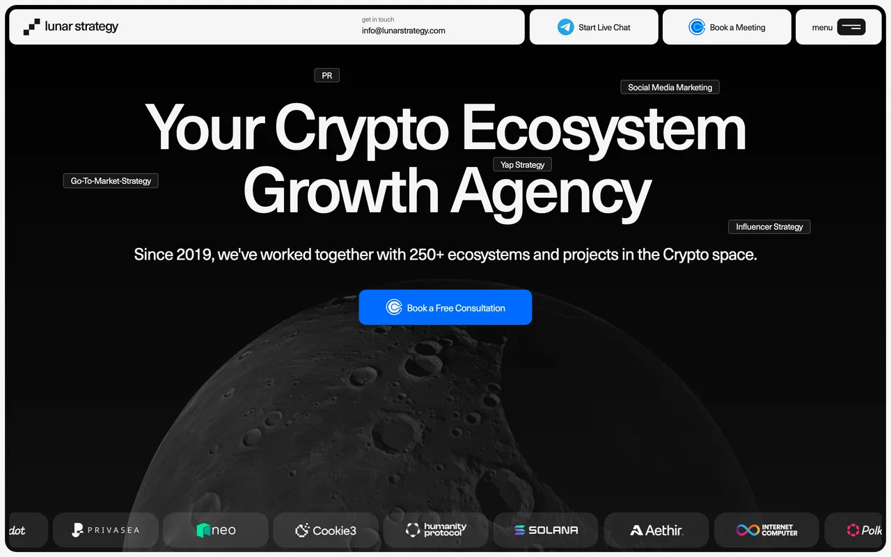 Lunar Strategy homepage screenshot, Crypto and Web3 ecosystem growth marketing