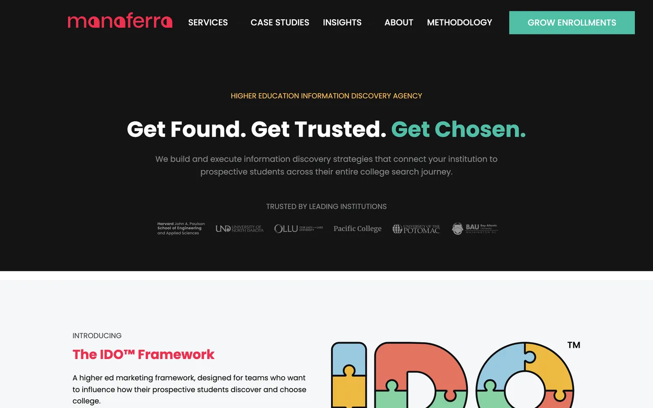 Manaferra homepage screenshot, Higher education search marketing for colleges and universities