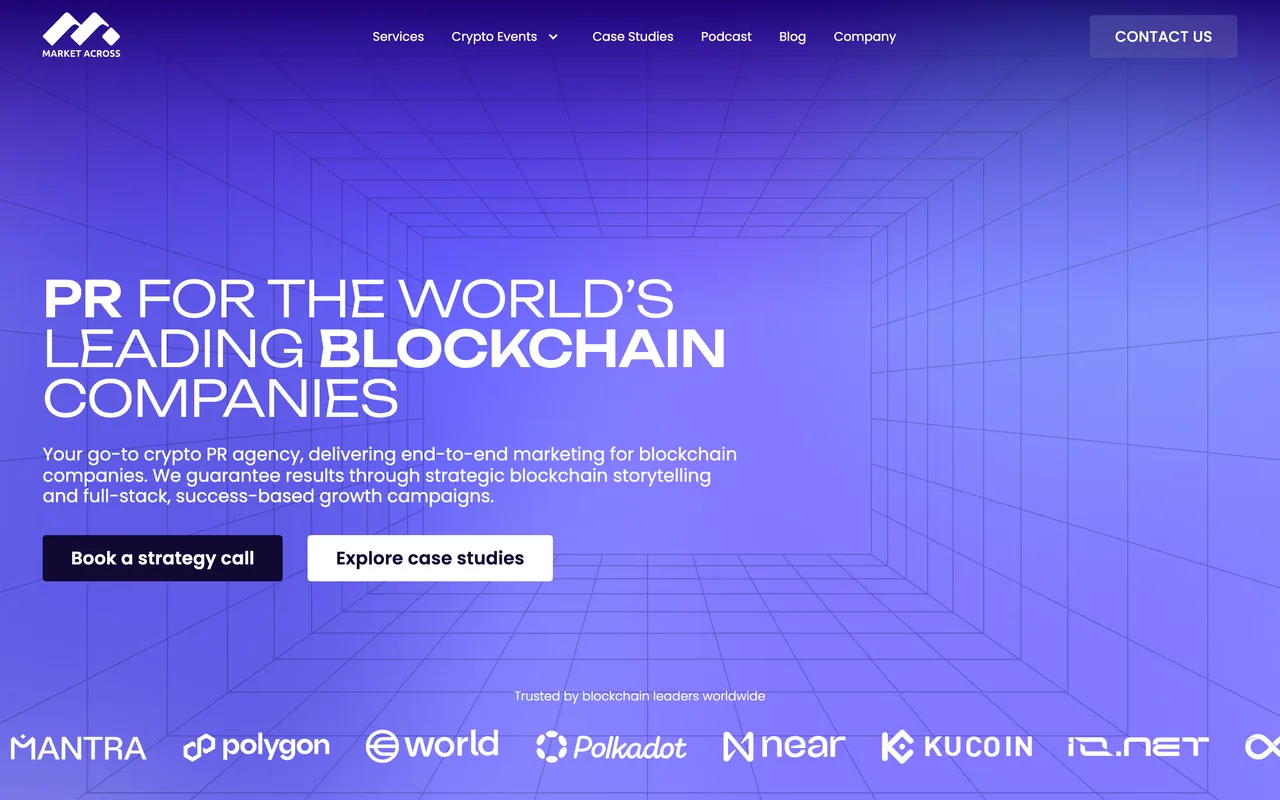 MarketAcross homepage screenshot, Blockchain PR with Web3 SEO and link building