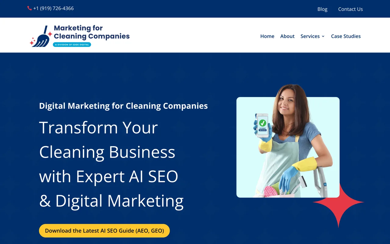 Marketing for Cleaning Companies homepage screenshot, AI SEO and digital marketing built only for cleaning companies
