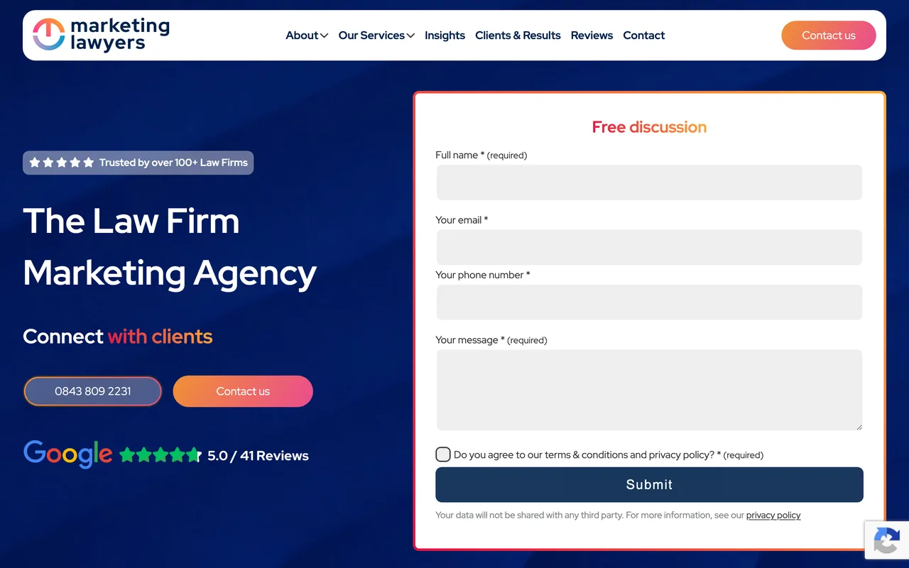 Marketing Lawyers homepage screenshot, Full-service law firm marketing and SEO