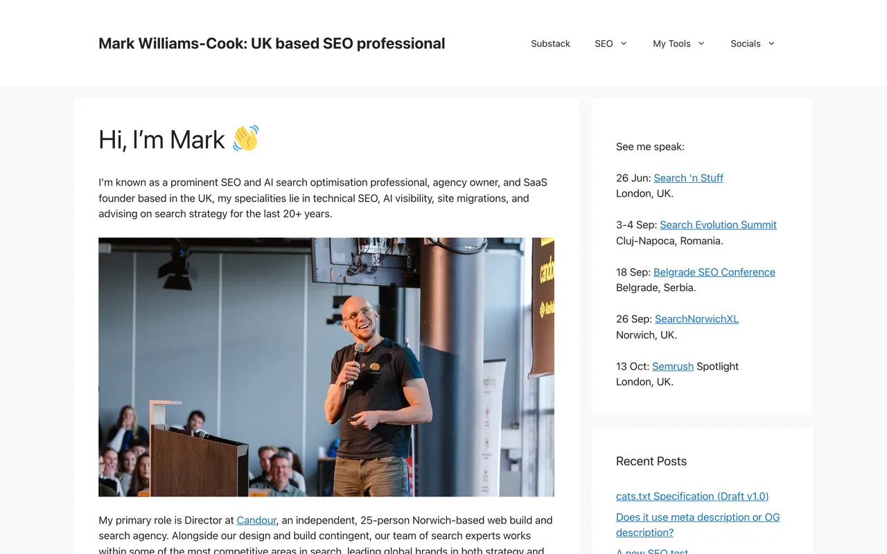Mark Williams-Cook homepage screenshot, Technical SEO, AI visibility and search strategy