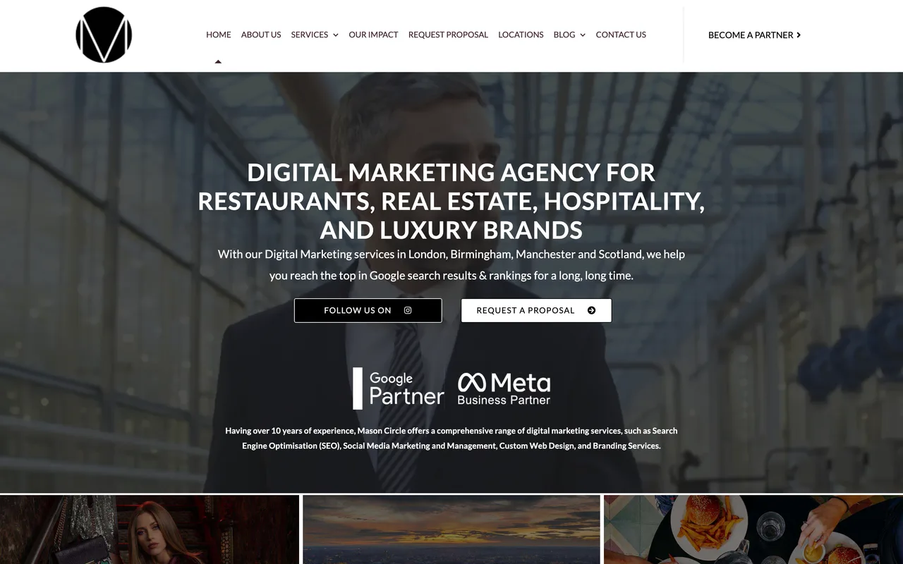 Mason Circle homepage screenshot, Restaurant marketing including SEO