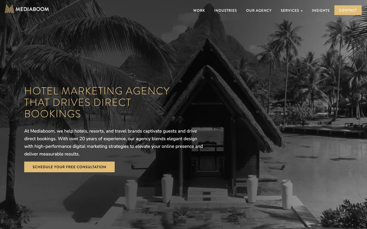 Mediaboom homepage screenshot, Hotel and luxury hospitality marketing