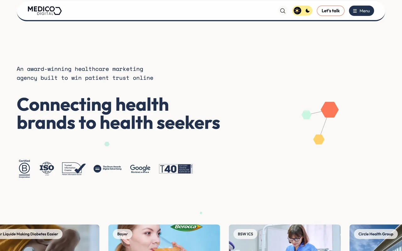 Medico Digital homepage screenshot, Healthcare search marketing and content