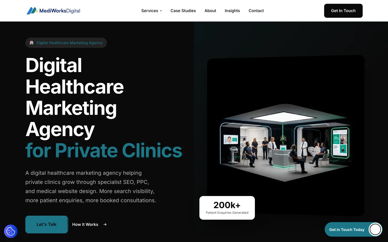 MediWorks Digital homepage screenshot, Healthcare SEO for private clinics