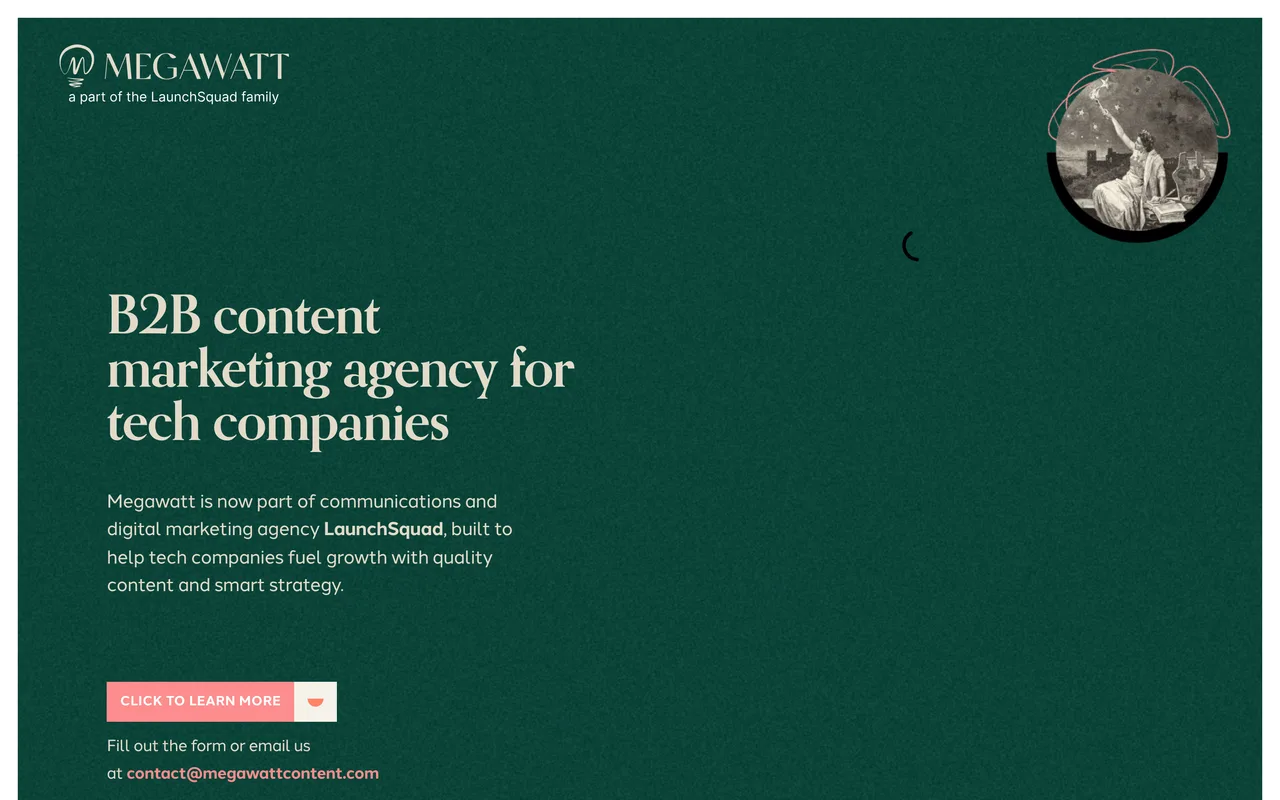 Megawatt homepage screenshot, Deeply technical B2B tech content marketing including cybersecurity