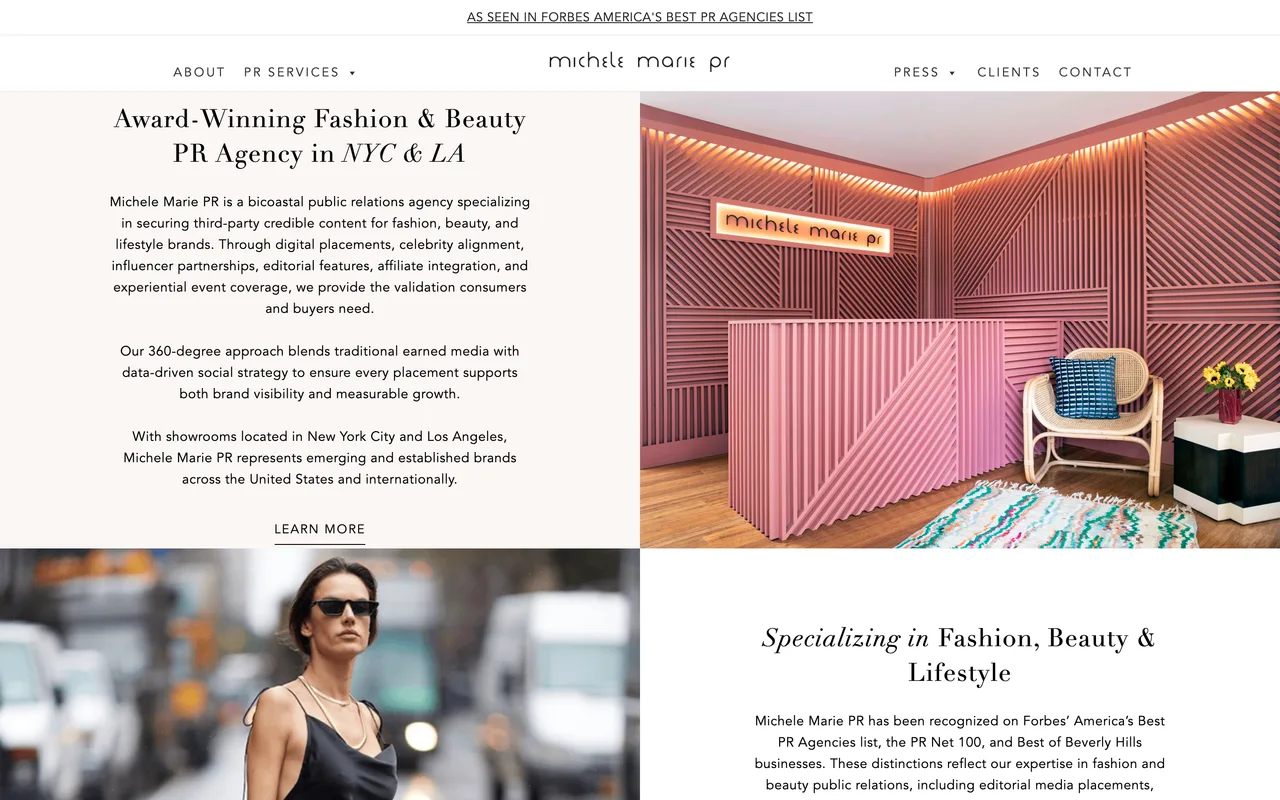 Michele Marie PR homepage screenshot, Fashion, beauty and lifestyle earned media