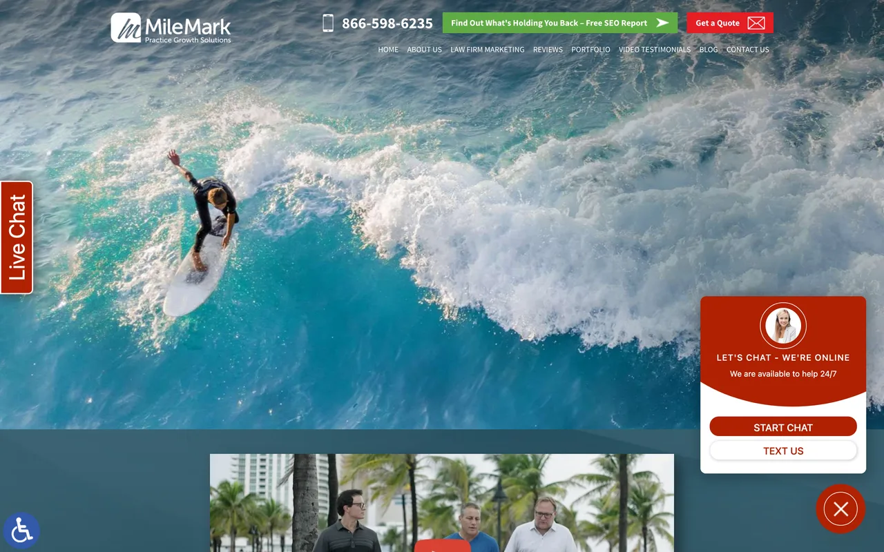 MileMark Legal Marketing homepage screenshot, Law firm paid search and Local Services Ads