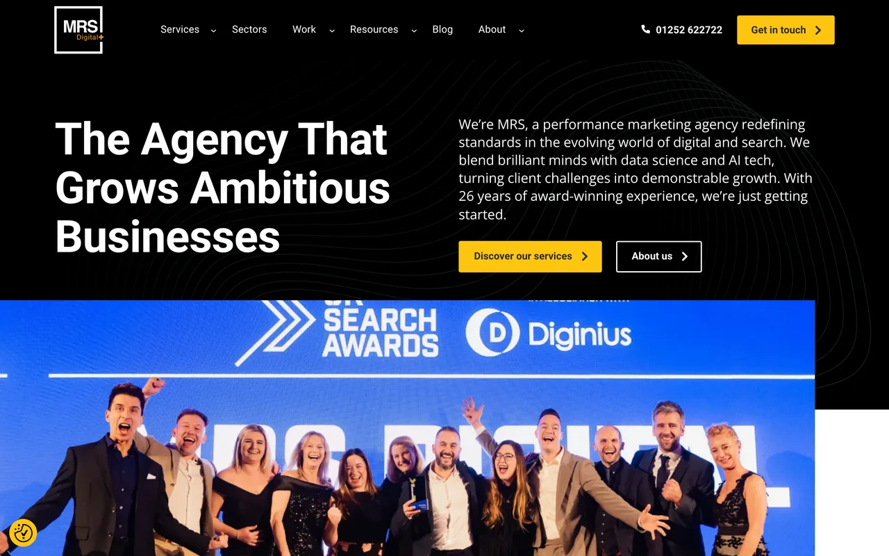 MRS Digital homepage screenshot, Performance marketing with an automotive SEO sector practice
