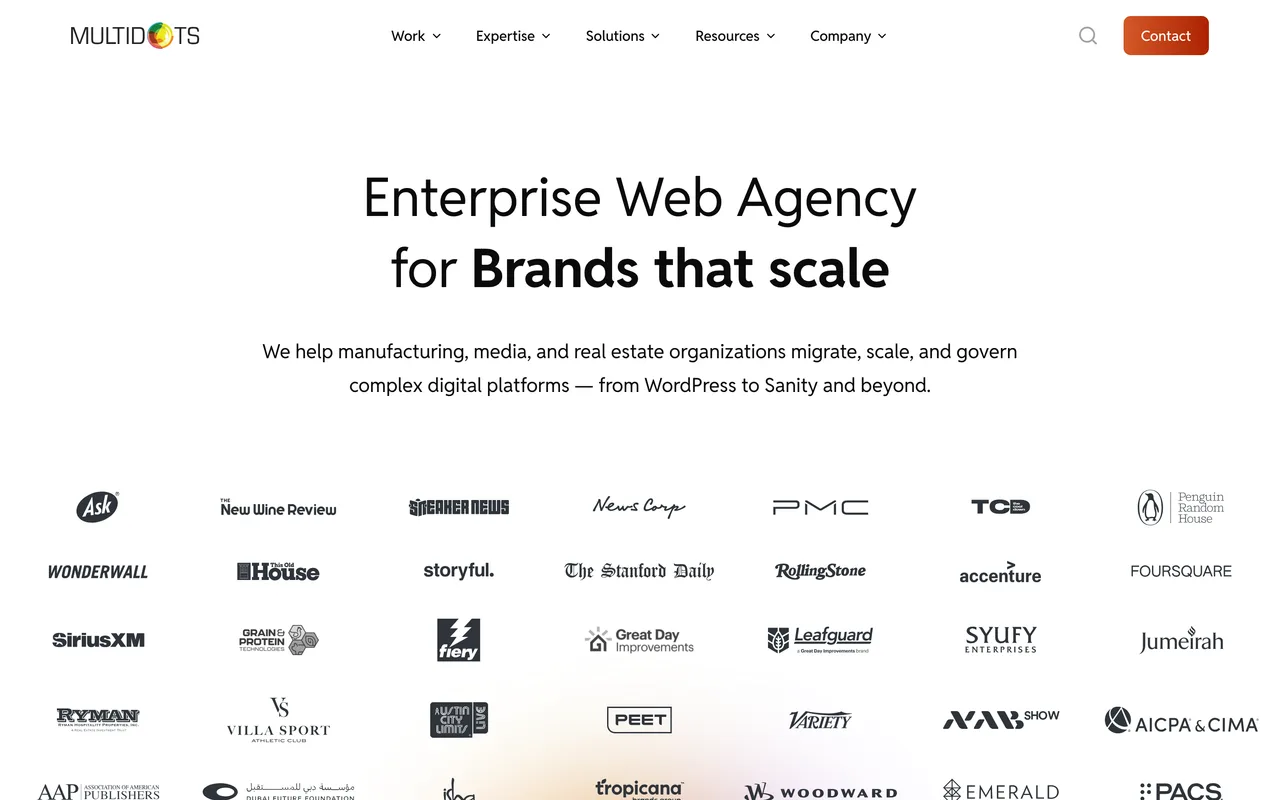 Multidots homepage screenshot, Enterprise WordPress migration, scaling and governance