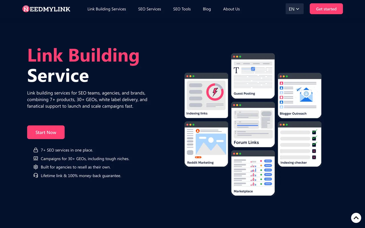 NeedMyLink homepage screenshot, Link building across 30+ industries including real estate
