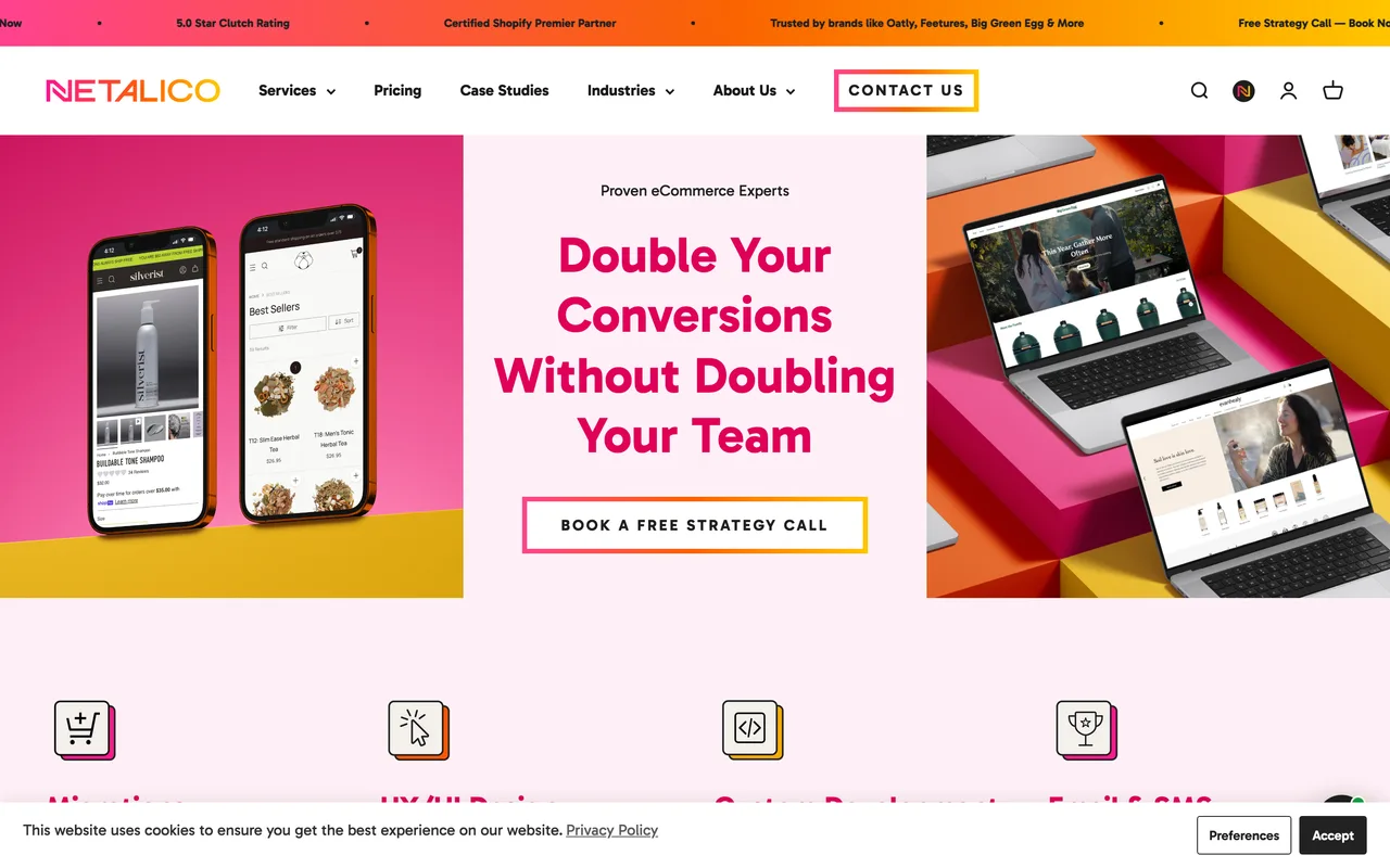 Netalico homepage screenshot, Shopify Plus SEO and migrations