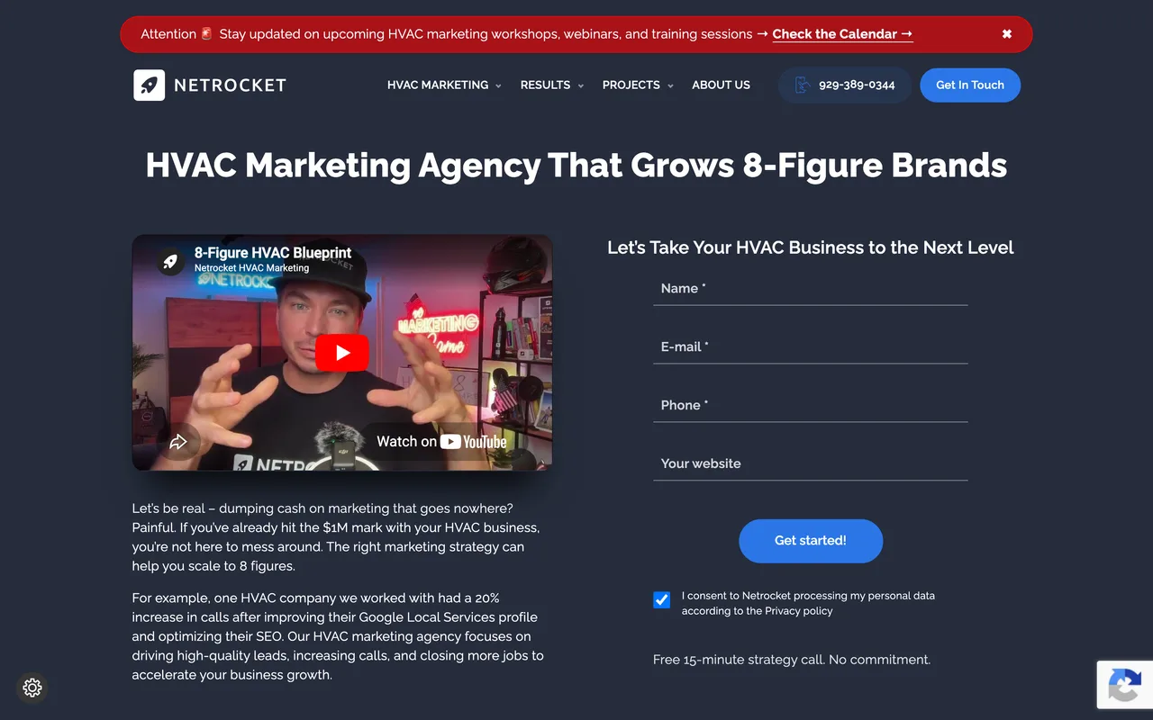 Netrocket homepage screenshot, HVAC-only digital marketing and SEO