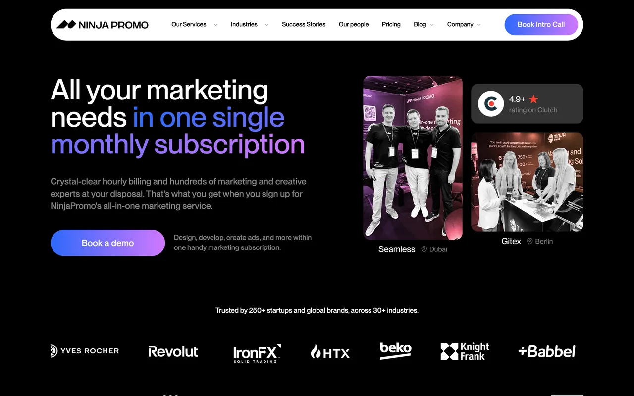 NinjaPromo homepage screenshot, Subscription digital marketing with crypto and Web3 SEO