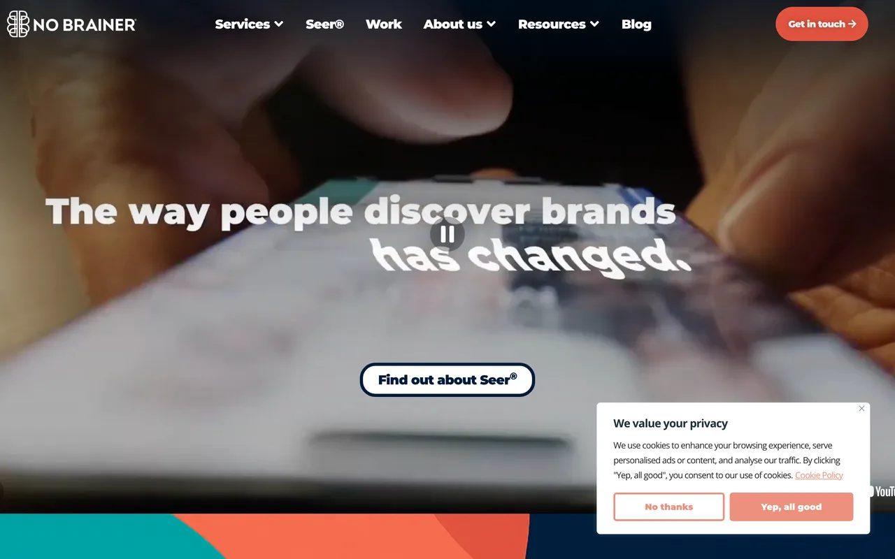 No Brainer homepage screenshot, Ecommerce digital PR and authority building