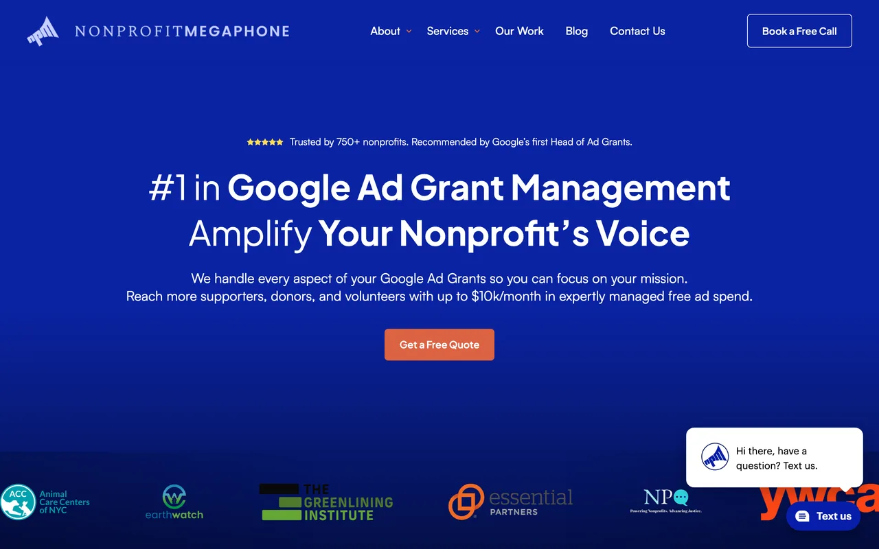 Nonprofit Megaphone homepage screenshot, Google and Microsoft Ad Grant management for nonprofits