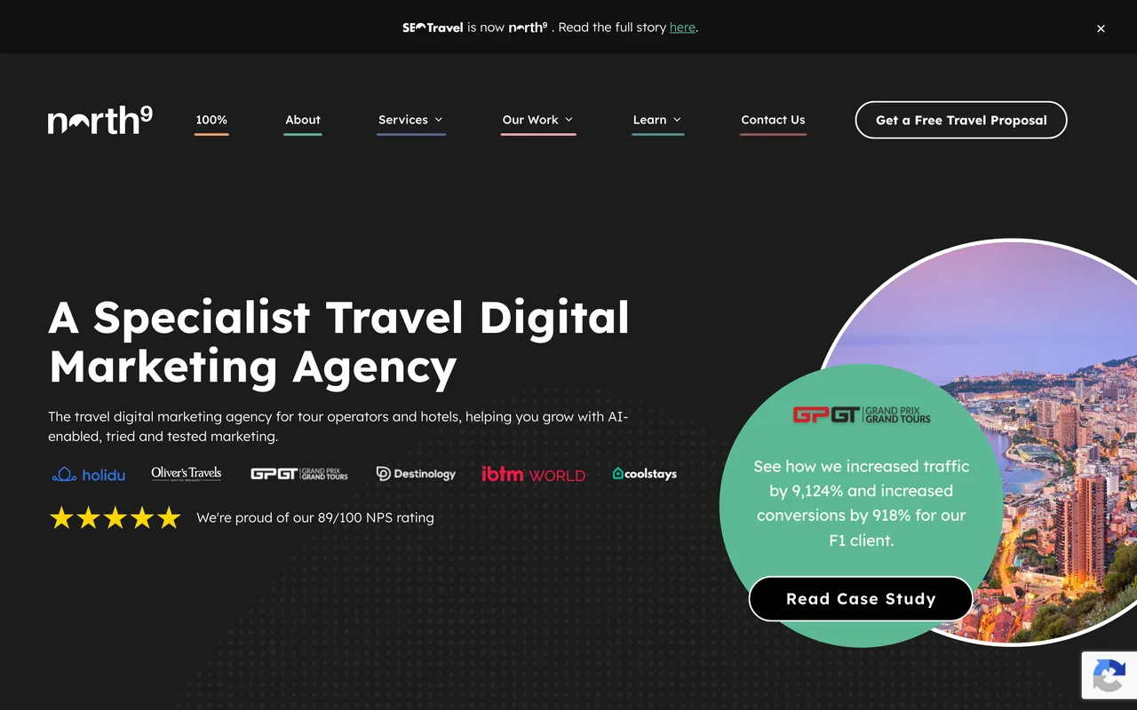north9 homepage screenshot, Travel digital marketing with travel PR and link building