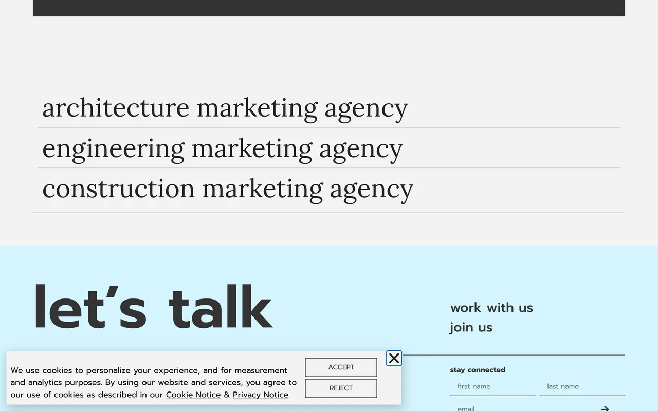 Nover Marketing homepage screenshot, Full-service digital marketing for AEC firms
