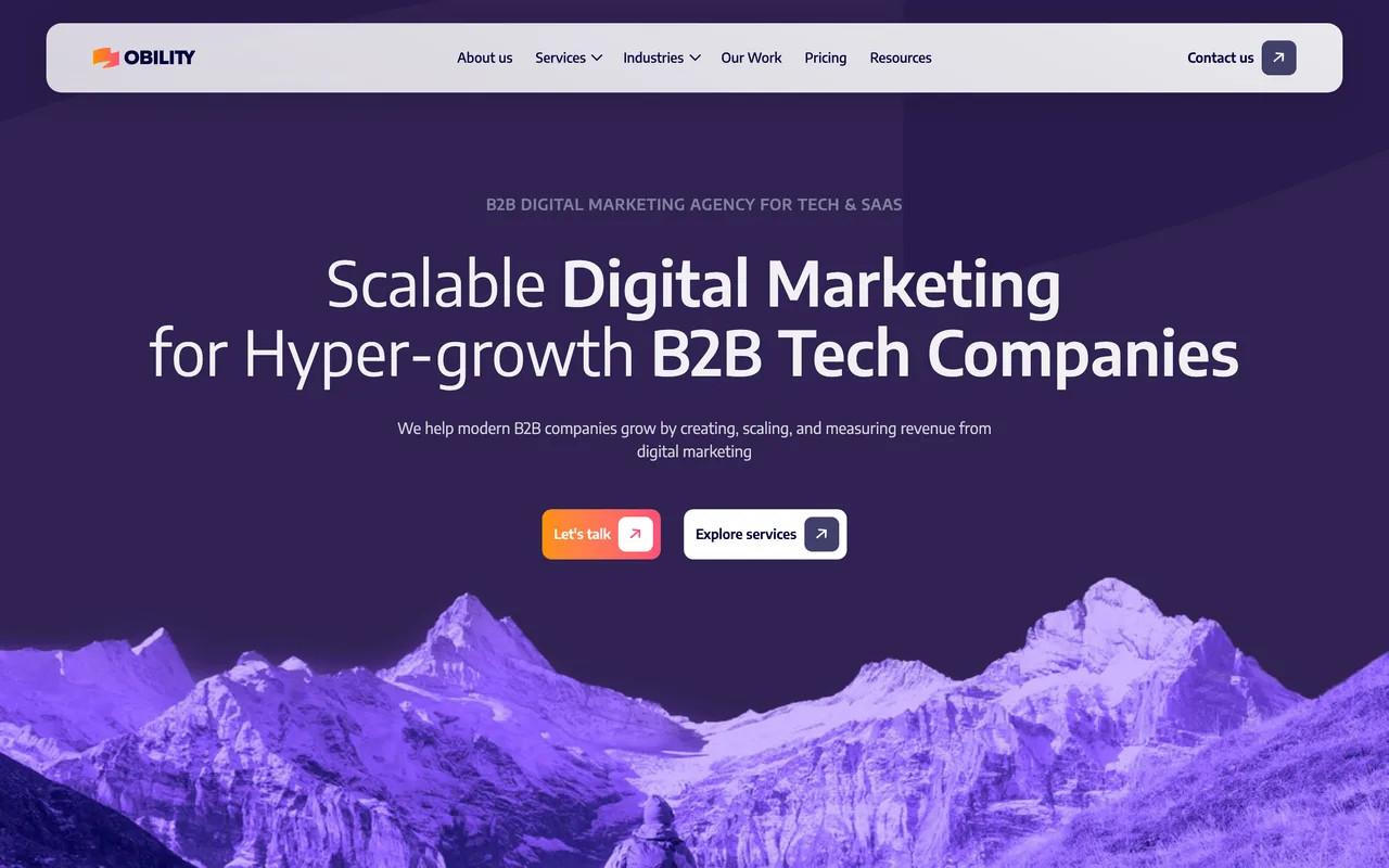 Obility homepage screenshot, B2B tech and SaaS paid search