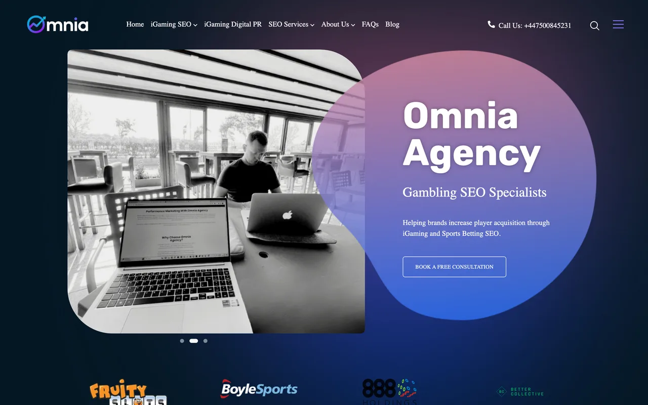 Omnia Agency homepage screenshot, iGaming and sports betting SEO and link building
