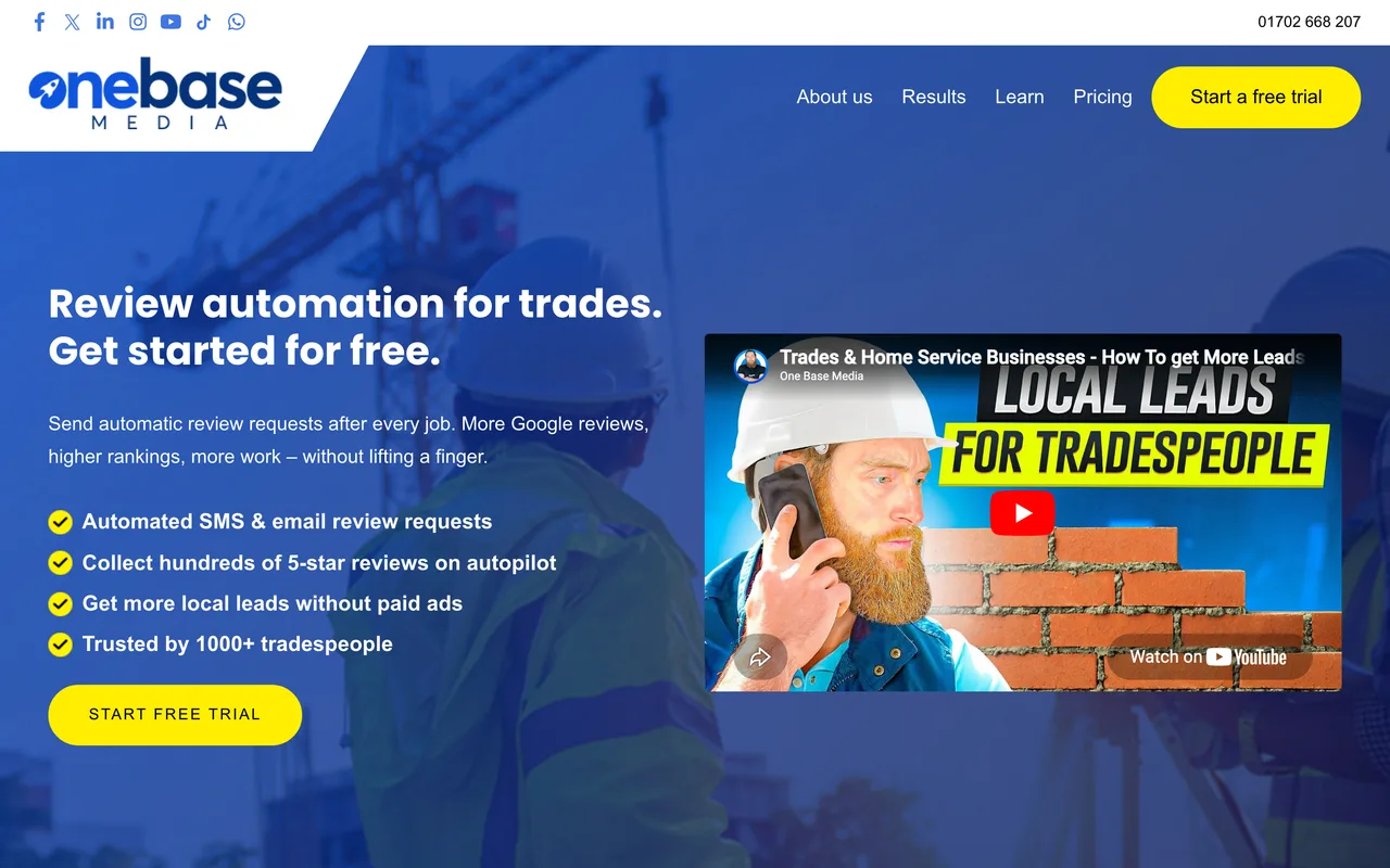 One Base Media homepage screenshot, Digital marketing built for UK trades businesses