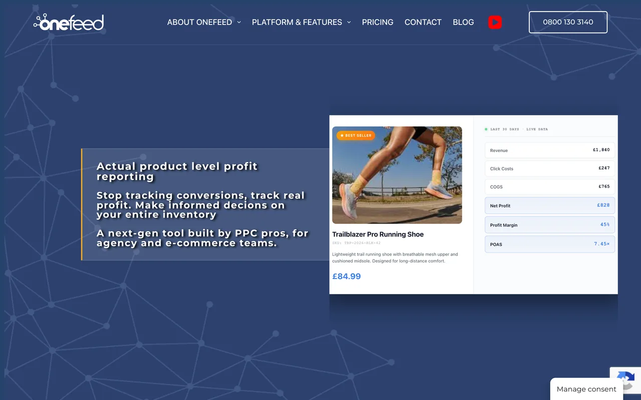 Onefeed homepage screenshot, Datafeed management and Google Shopping