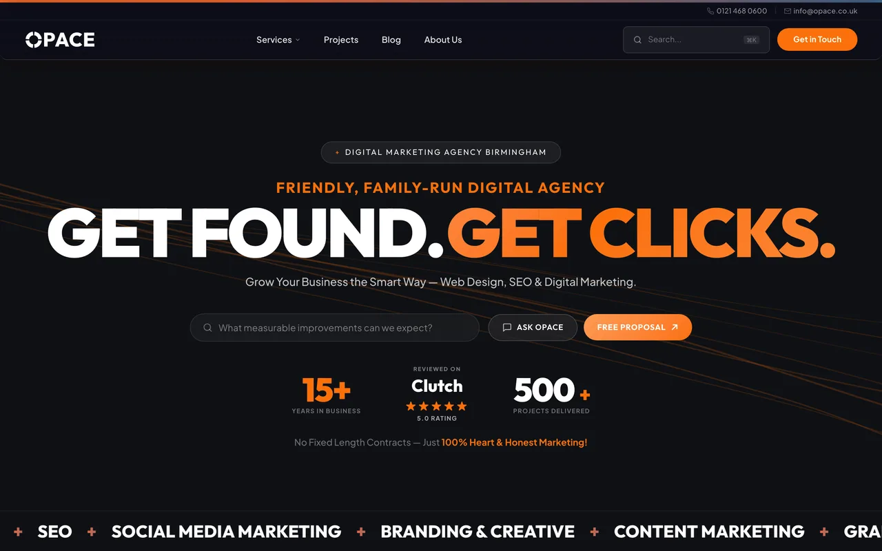Opace Digital Agency homepage screenshot, Full-service SEO, web design and digital marketing