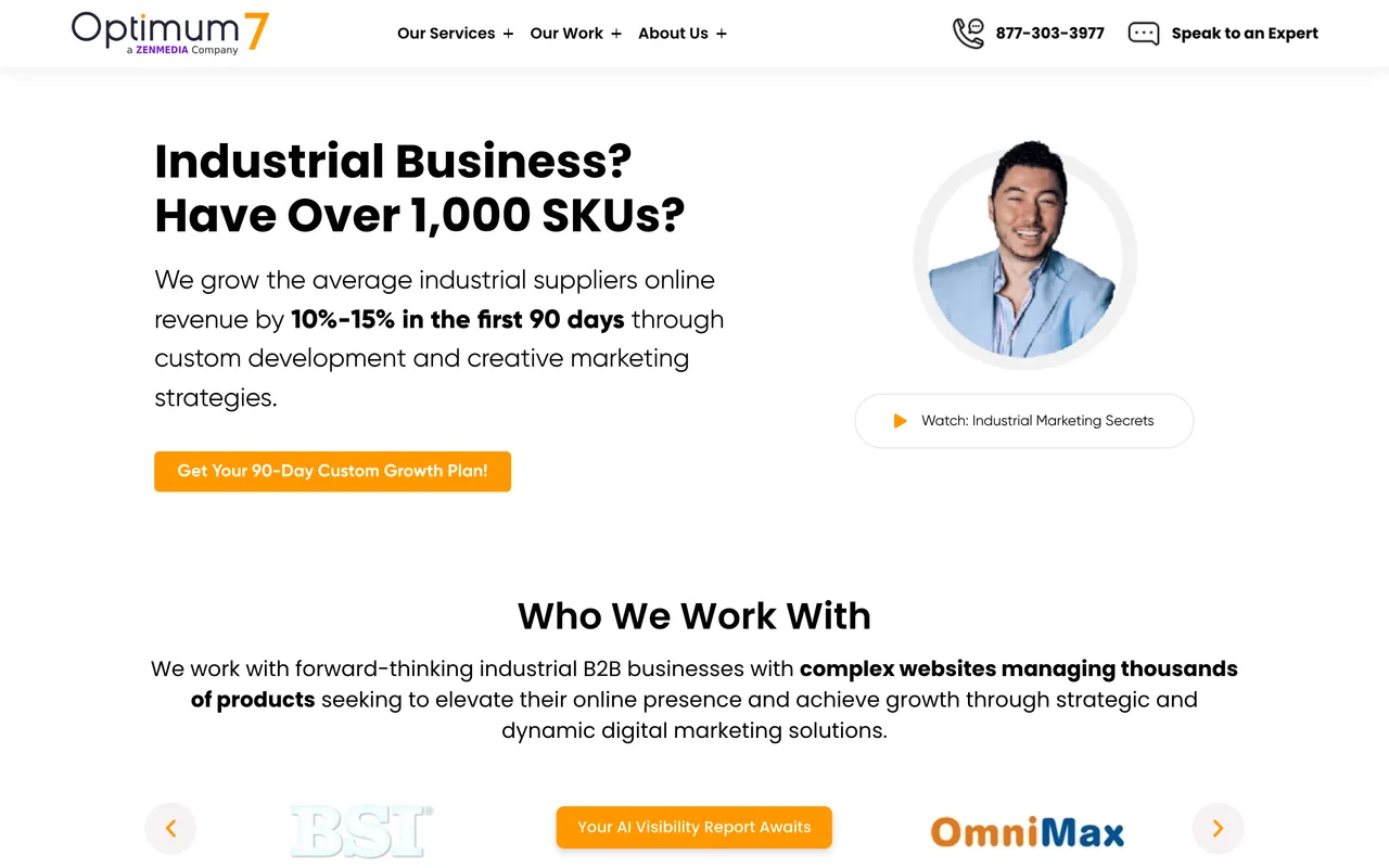 Optimum7 homepage screenshot, BigCommerce SEO for B2B and B2C