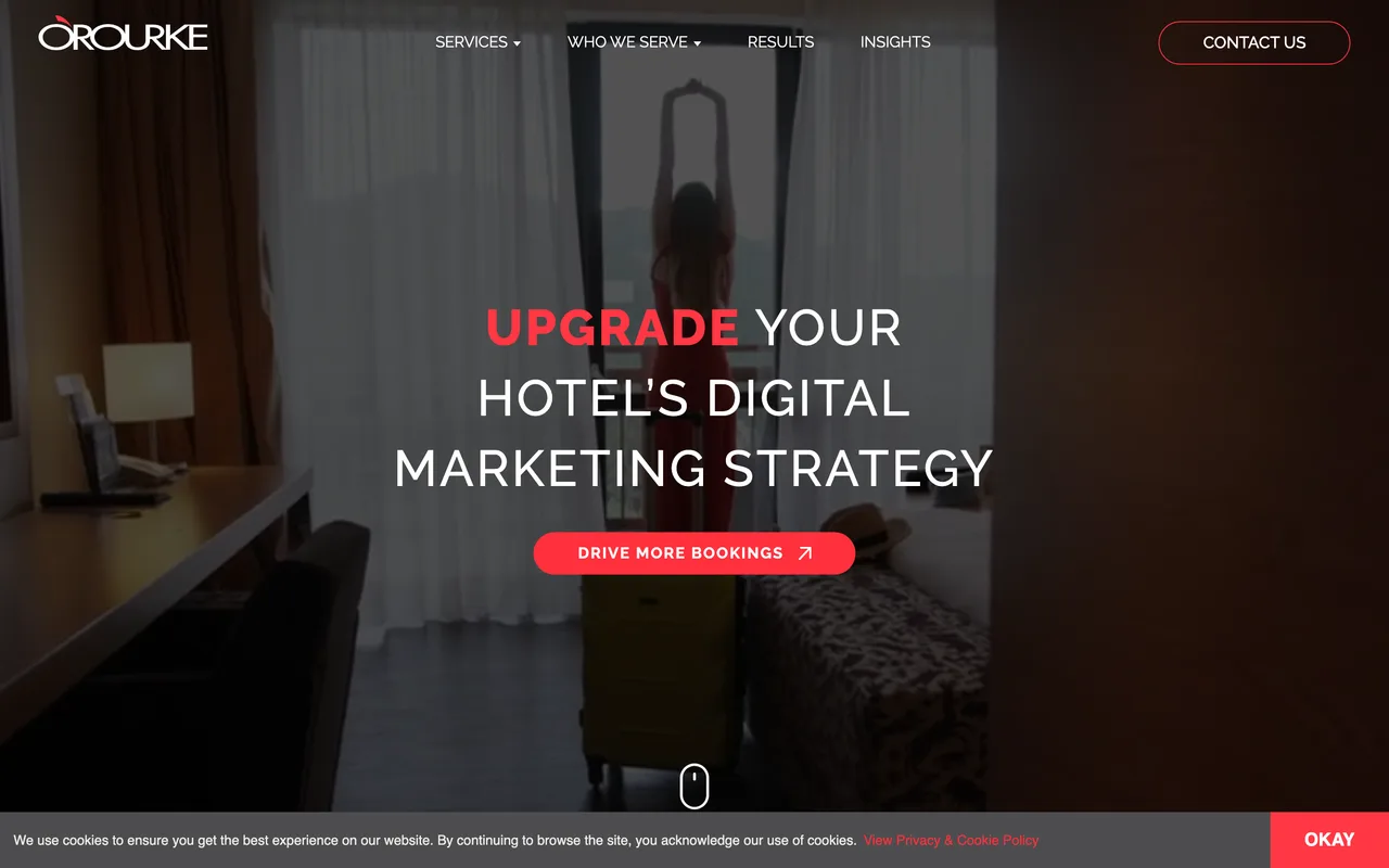 O'Rourke Hospitality Marketing homepage screenshot, Hospitality-only hotel marketing