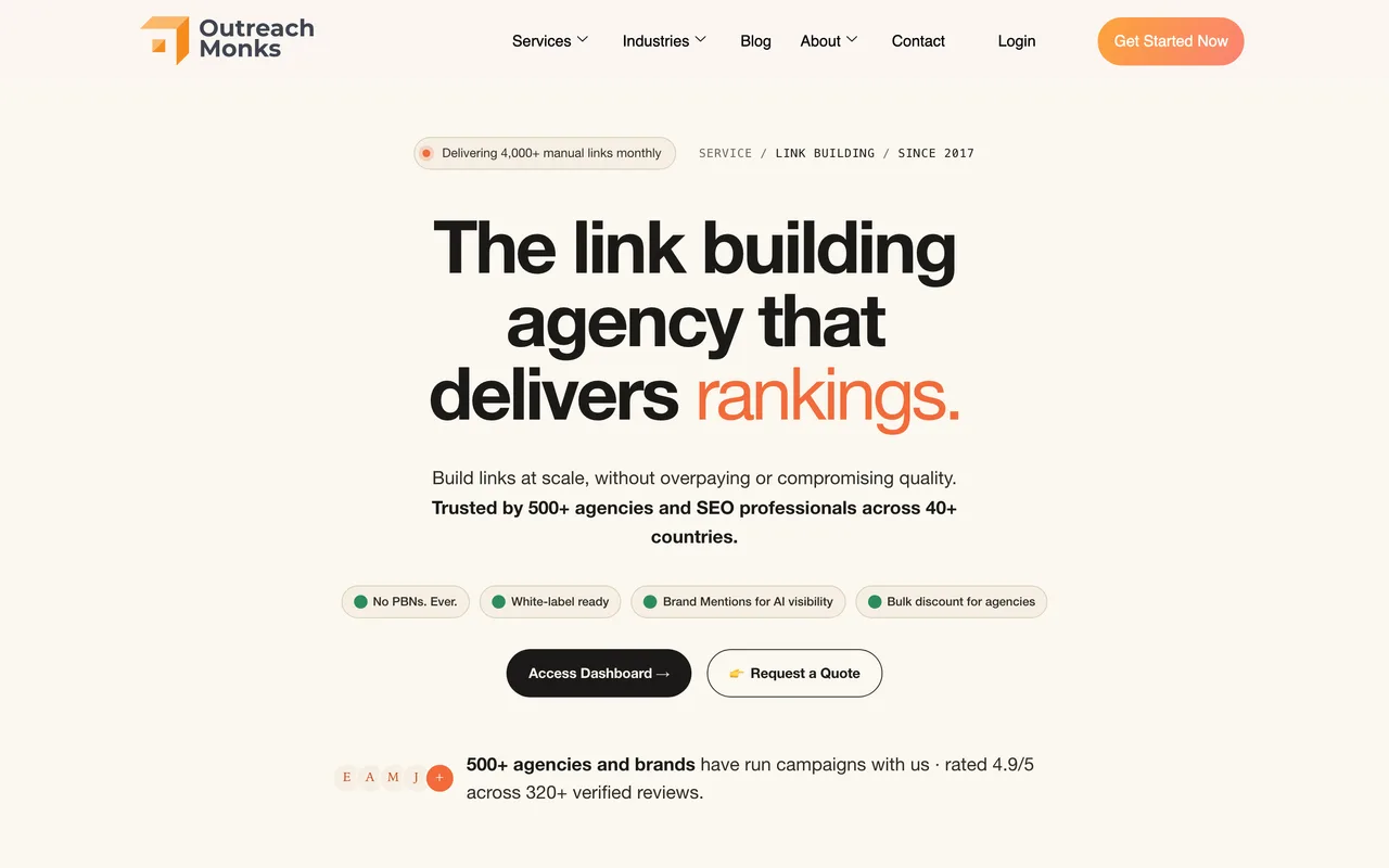 Outreach Monks homepage screenshot, Manual white-hat guest posting and niche edits