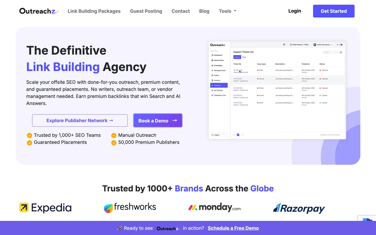 OutreachZ homepage screenshot, Manual outreach guest posting for agencies