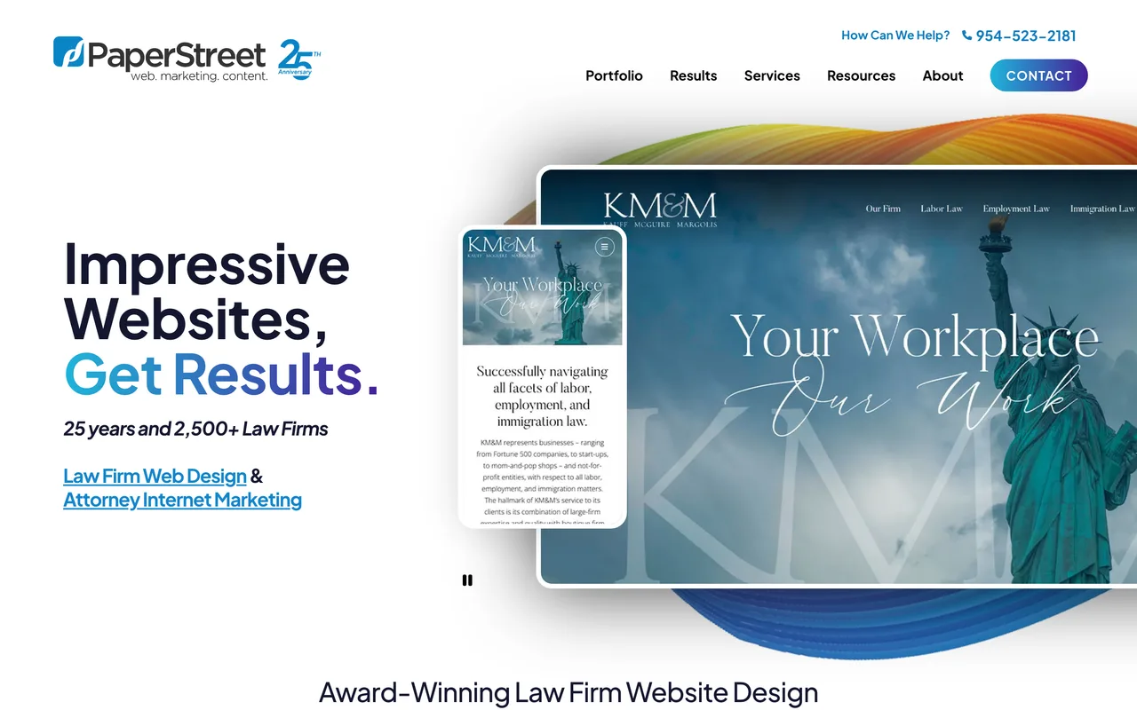 PaperStreet Web Design homepage screenshot, Law firm and attorney website design