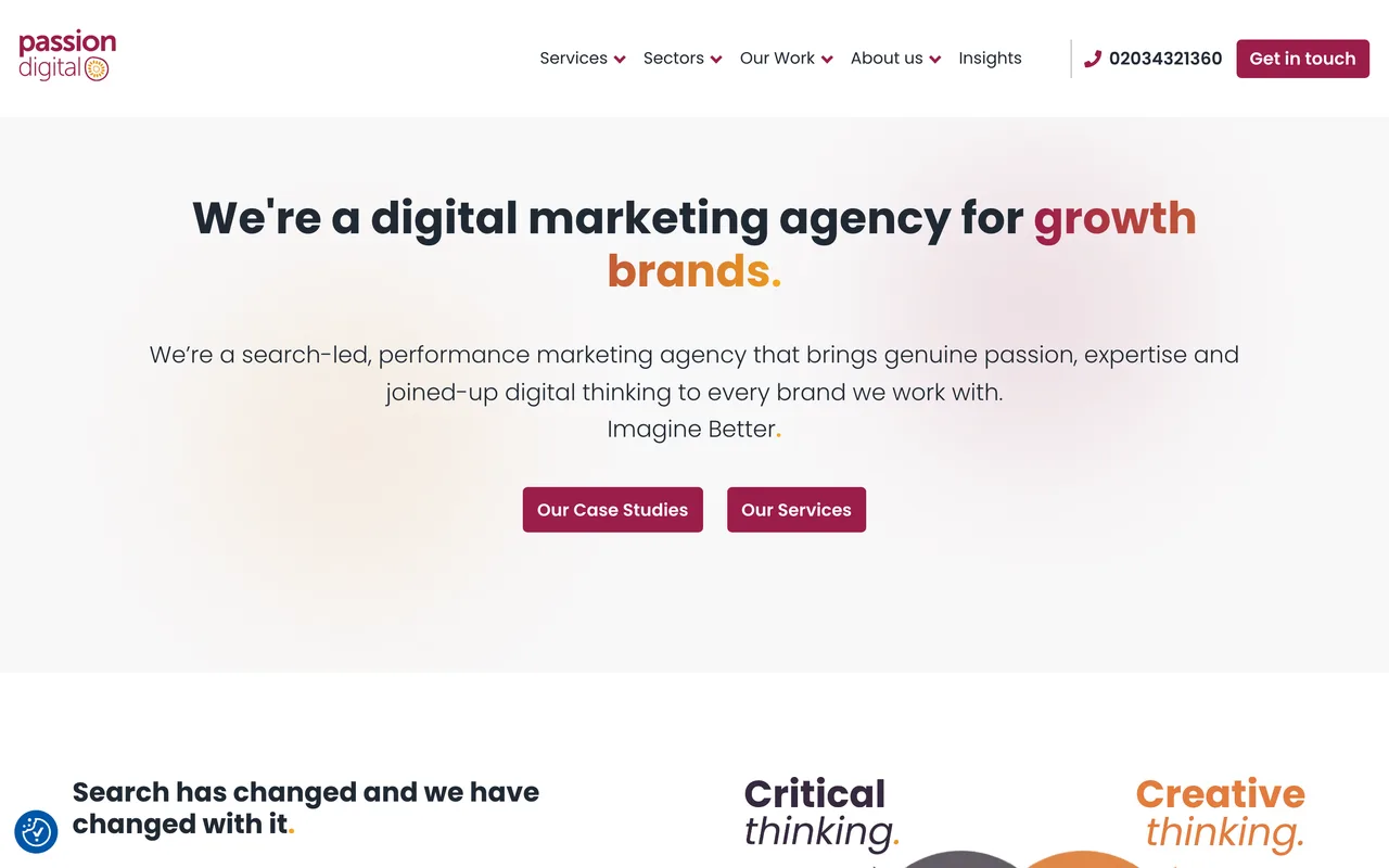 Passion Digital homepage screenshot, Search-led performance marketing