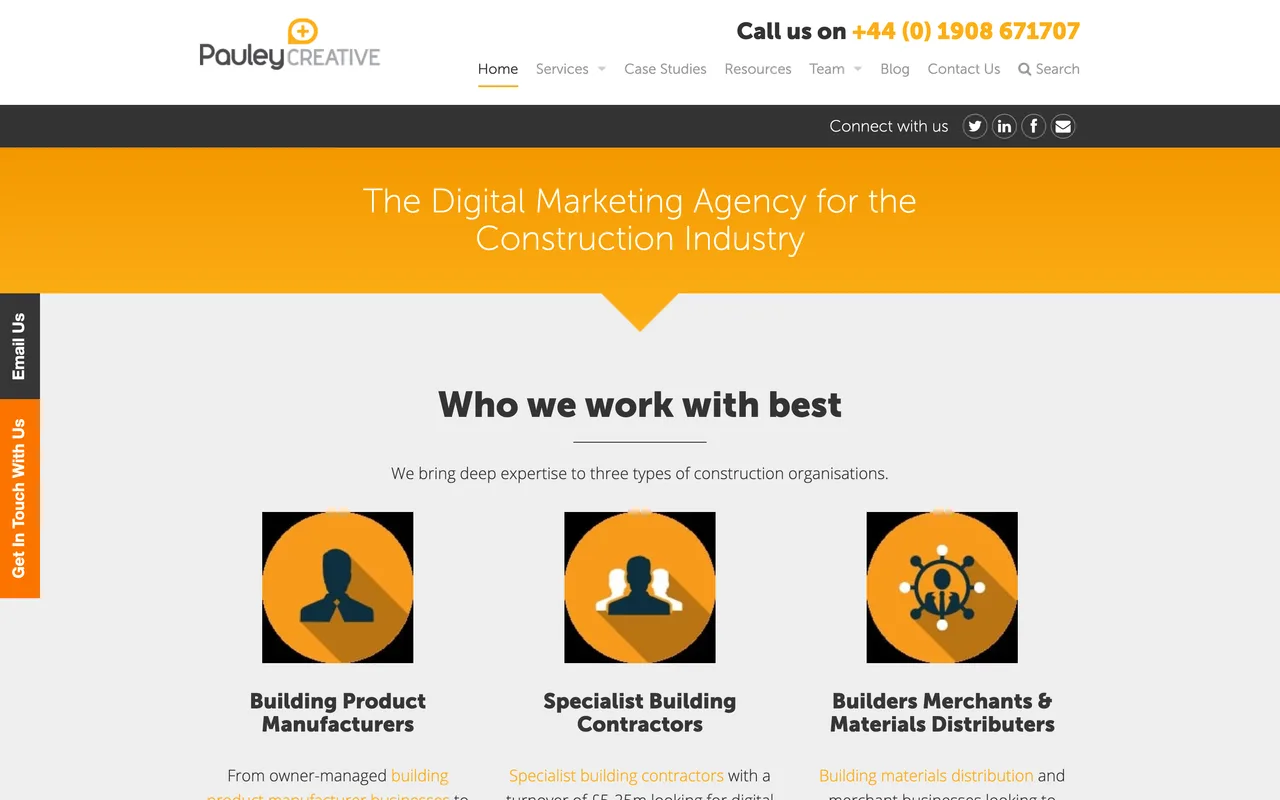 Pauley Creative homepage screenshot, Digital marketing built only for the construction industry