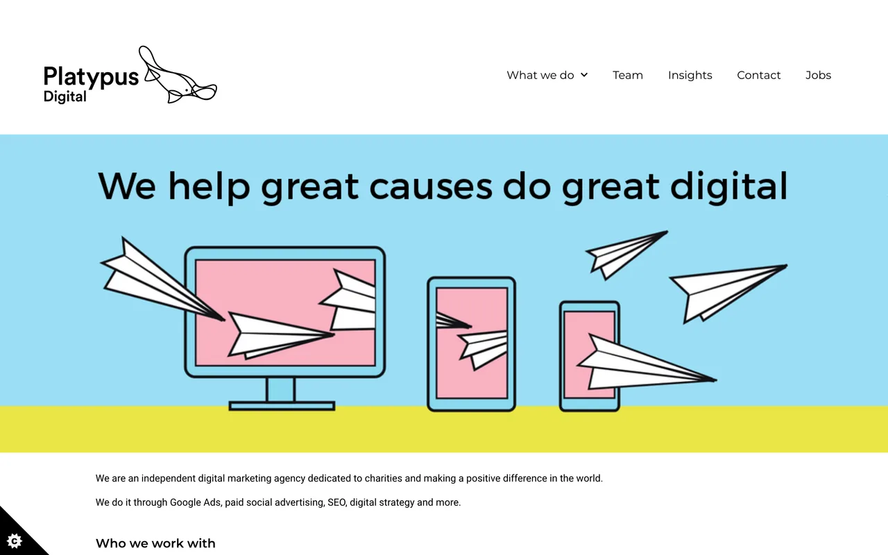 Platypus Digital homepage screenshot, Digital marketing exclusively for charities