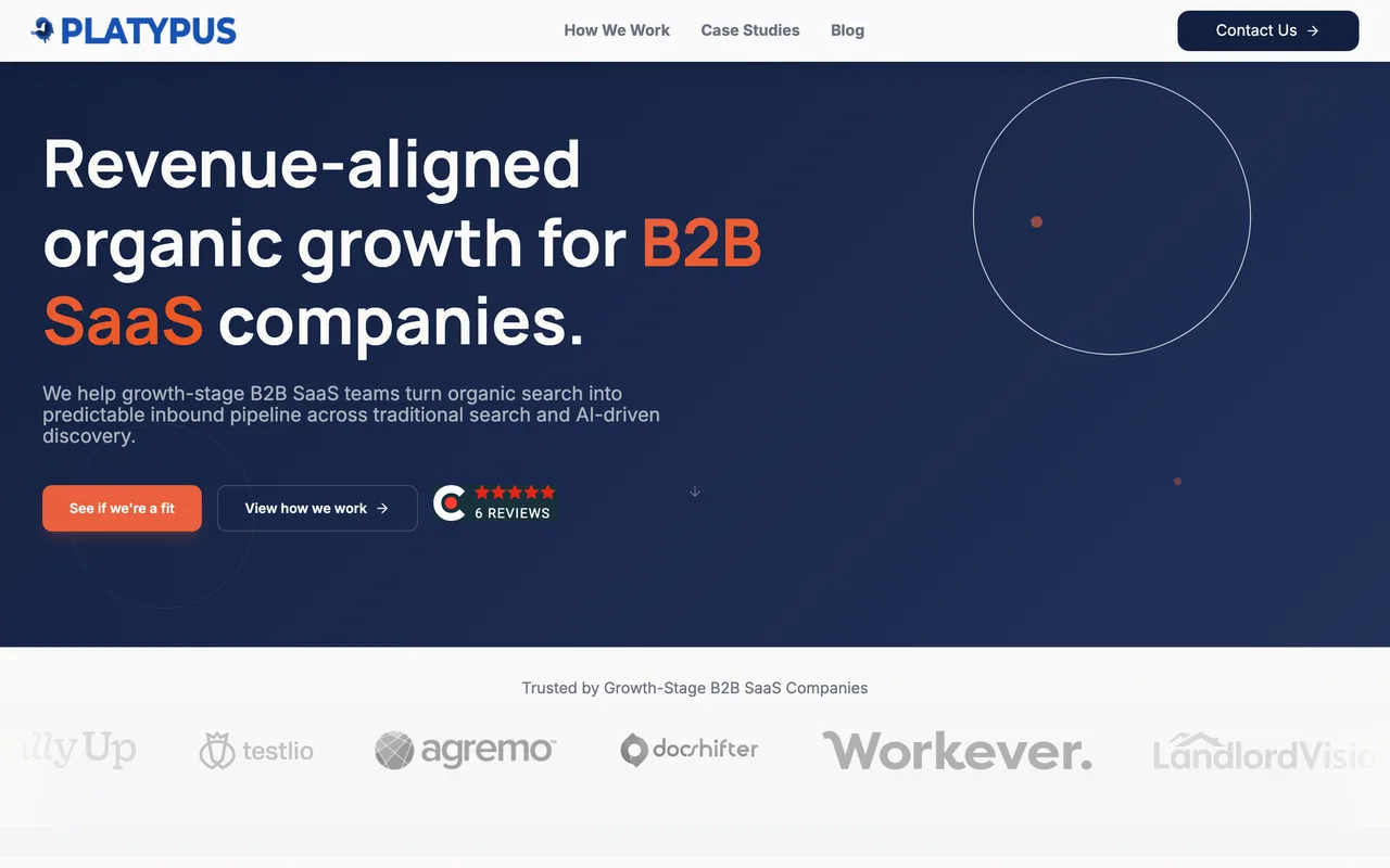 Platypus homepage screenshot, Organic search for B2B SaaS including cybersecurity vendors