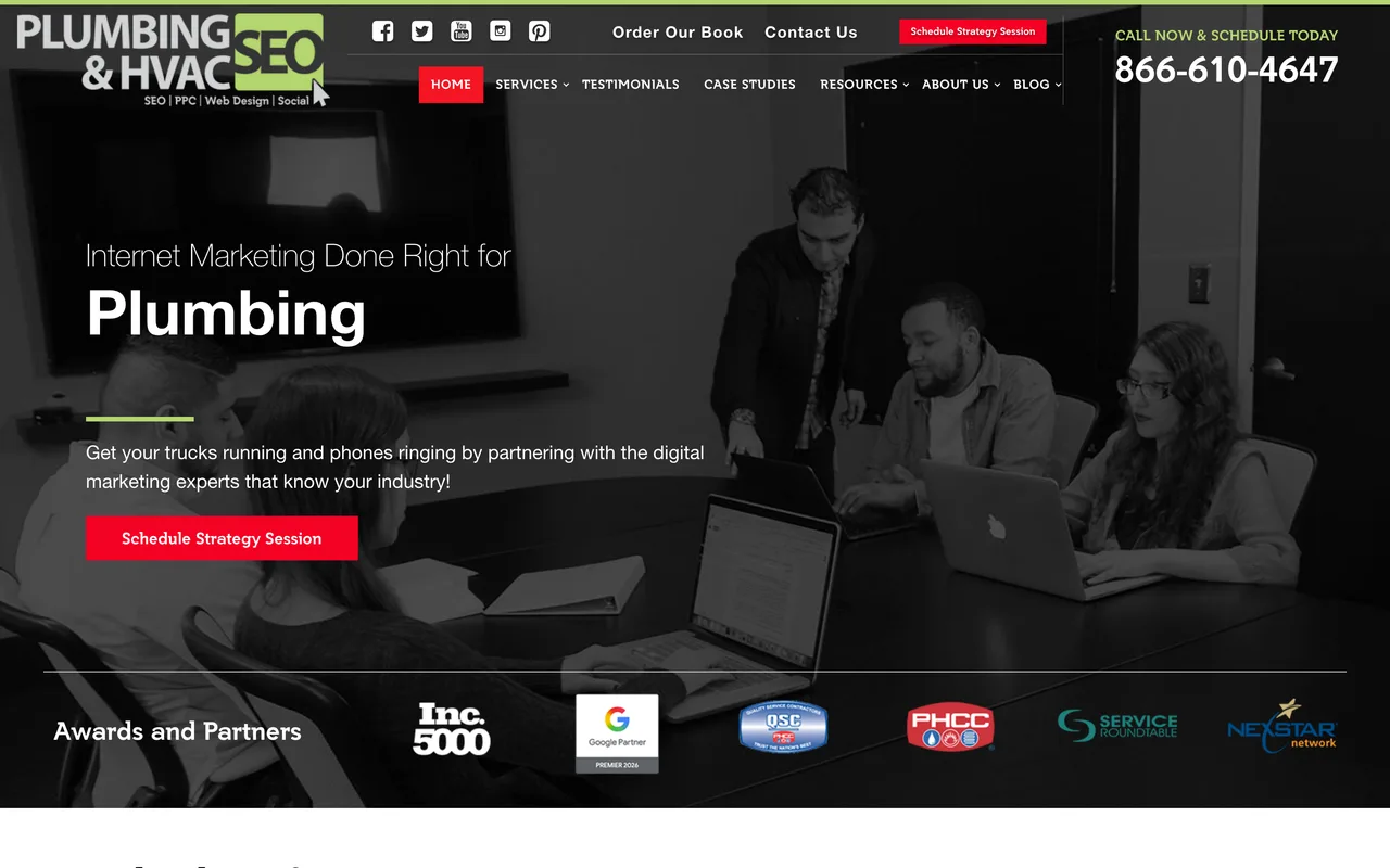 Plumbing & HVAC SEO homepage screenshot, Digital marketing for plumbing, HVAC and electrical contractors